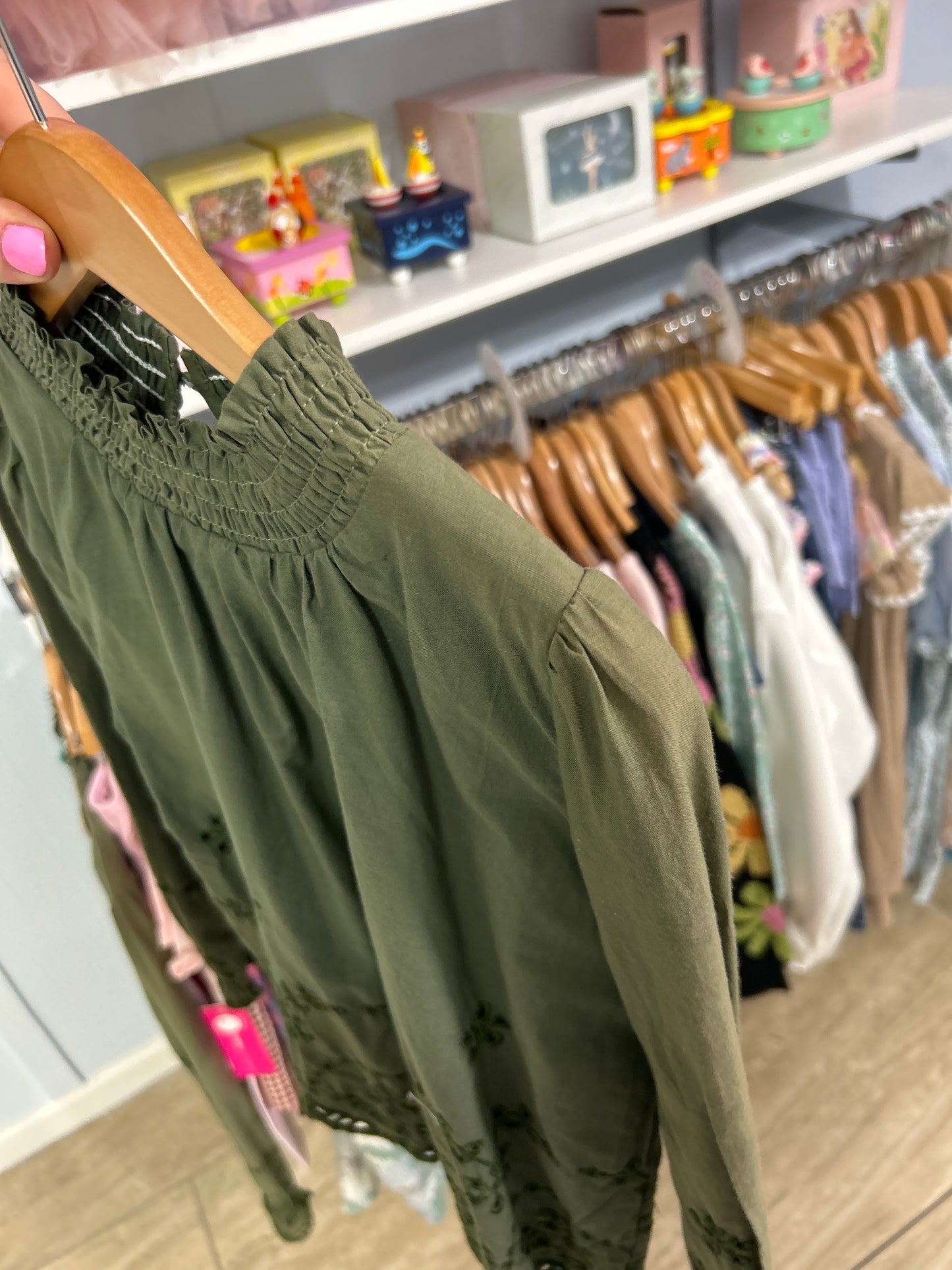 Olive Eyelet Embroidered Hem Top