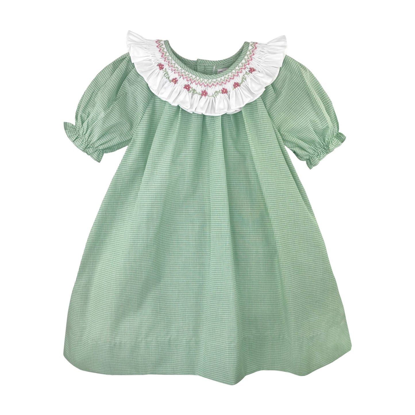 Green Dress with Smocked and Embroidered Collar
