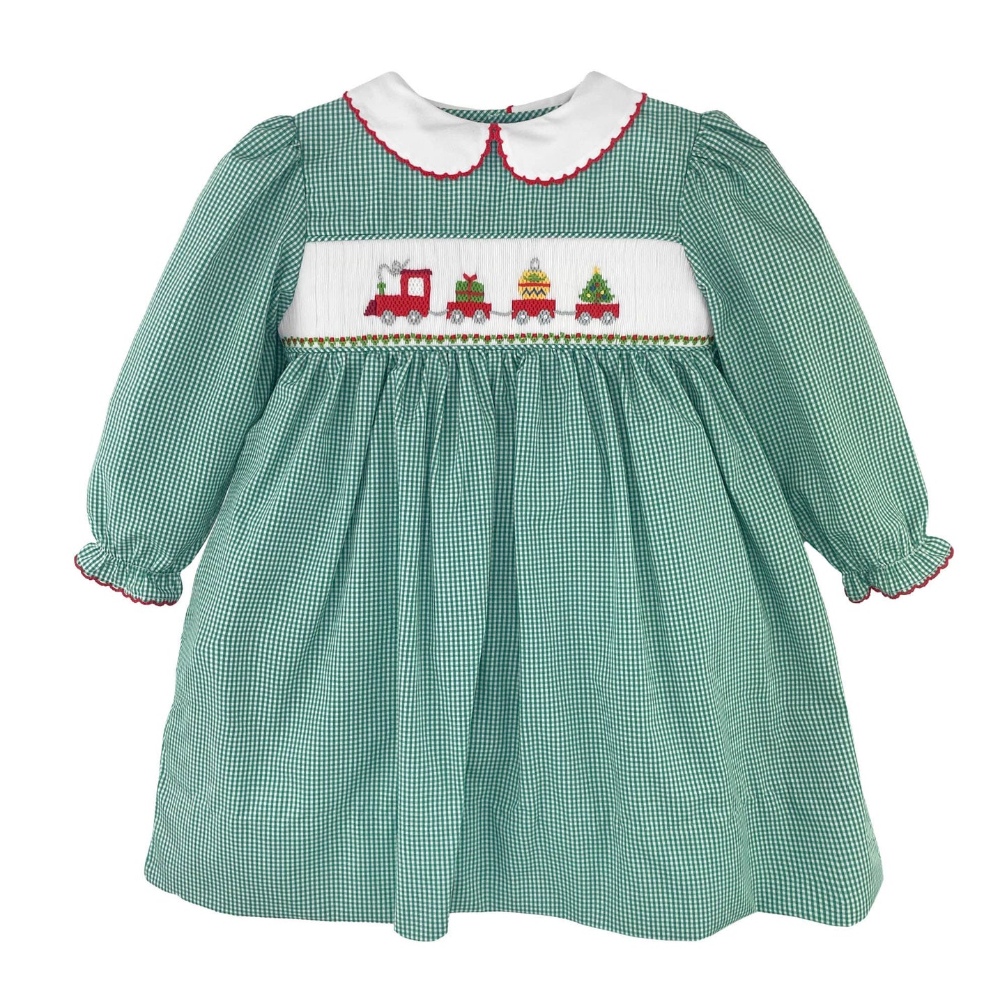 Christmas Train Smocked Green Gingham Dress