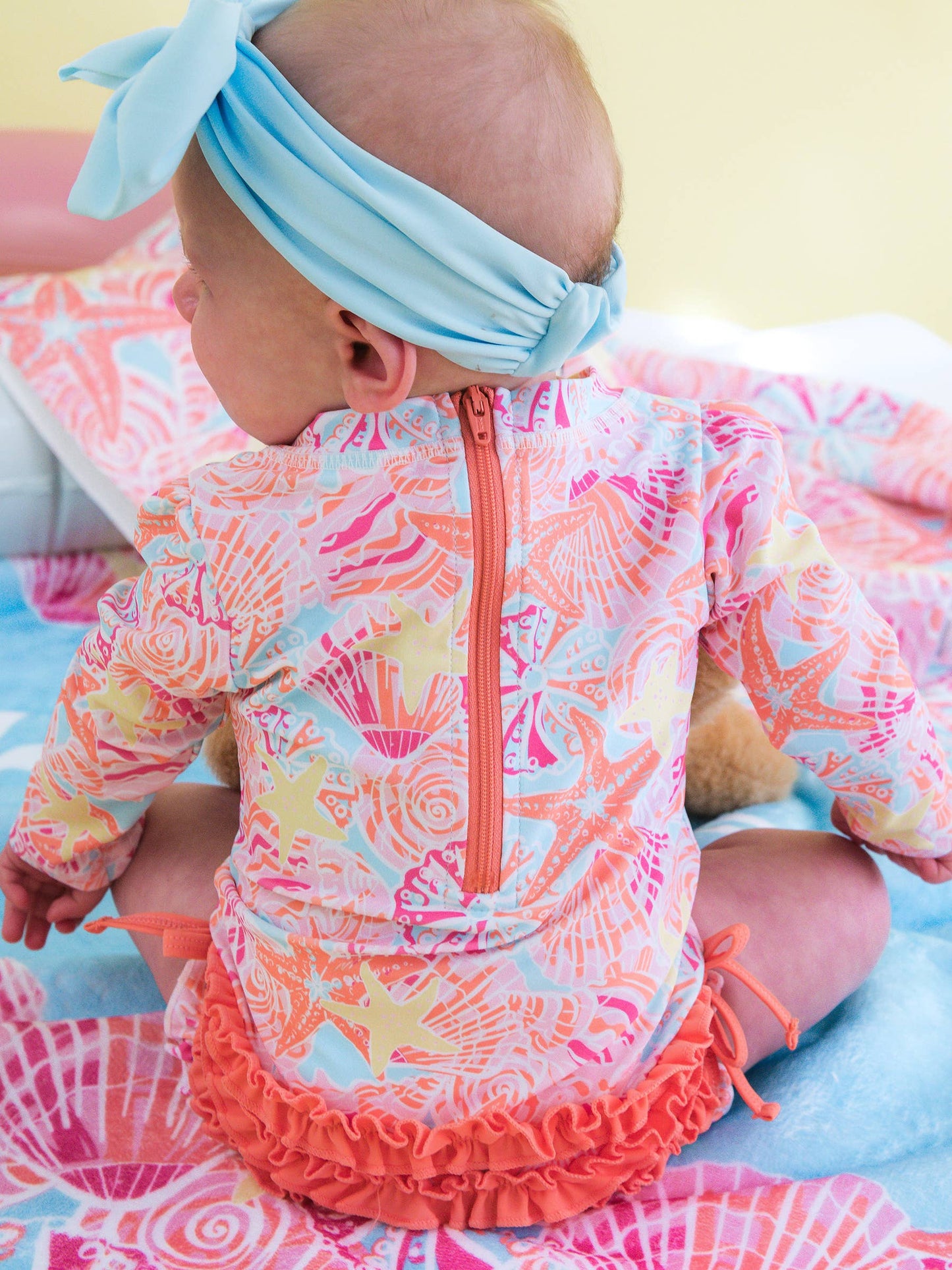 Baby Girls Sunset Seashells Long Sleeve One Piece Rash Guard Swimsuit