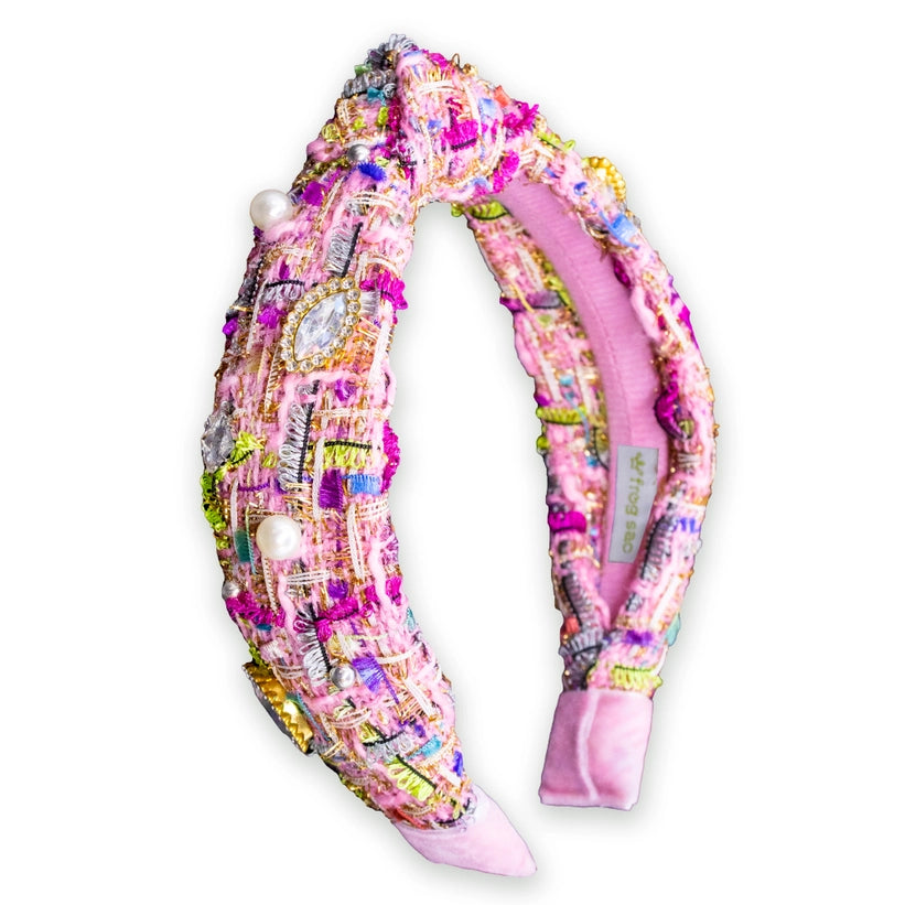 Pink Multicolor Tweed Hairband with Pink Emblem Multi Color Tweed Headband Pink – MESH lane main image 3