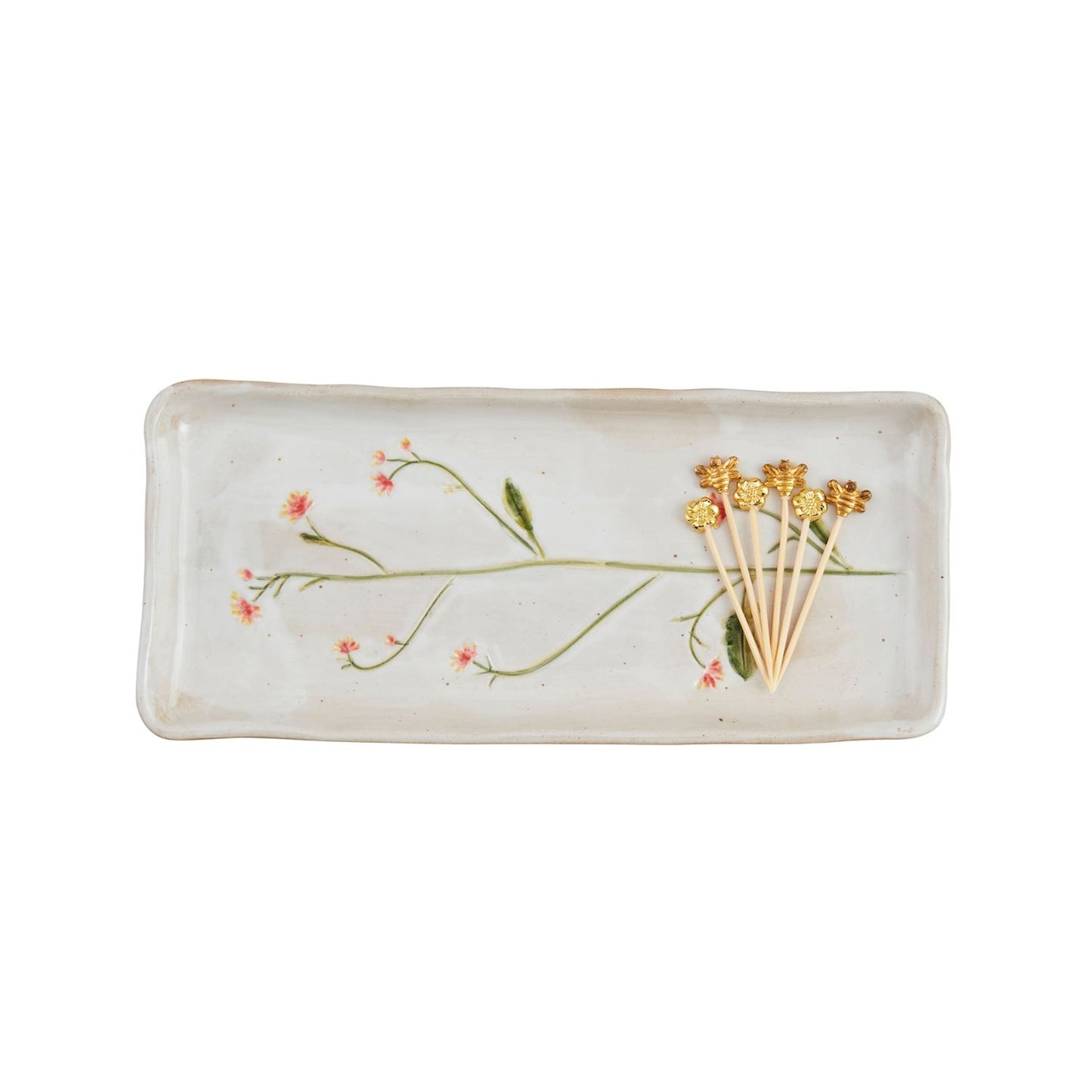 Orange Flower Stoneware Tray with Metal Character Topped Toothpicks