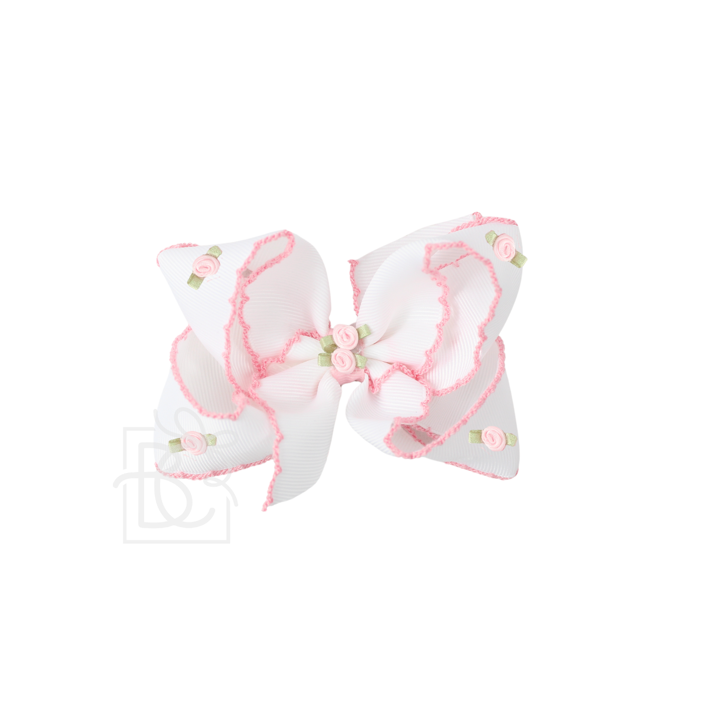 3.5" Flower Embellished Crochet Edge Hair Bow: White w/ Light Pink Edge