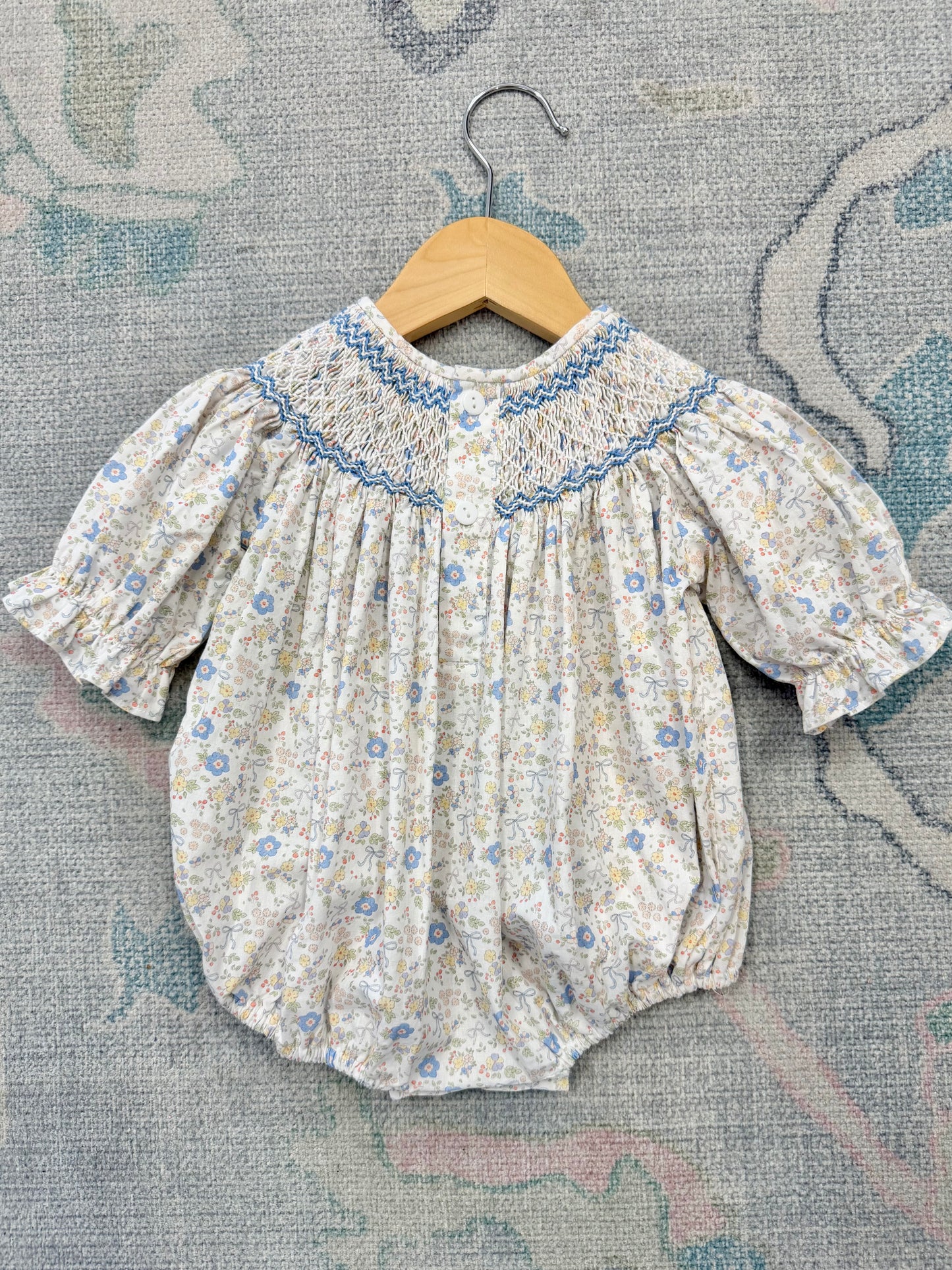 Ashley Blue/Yellow Bow Floral Print Smocked Bubble
