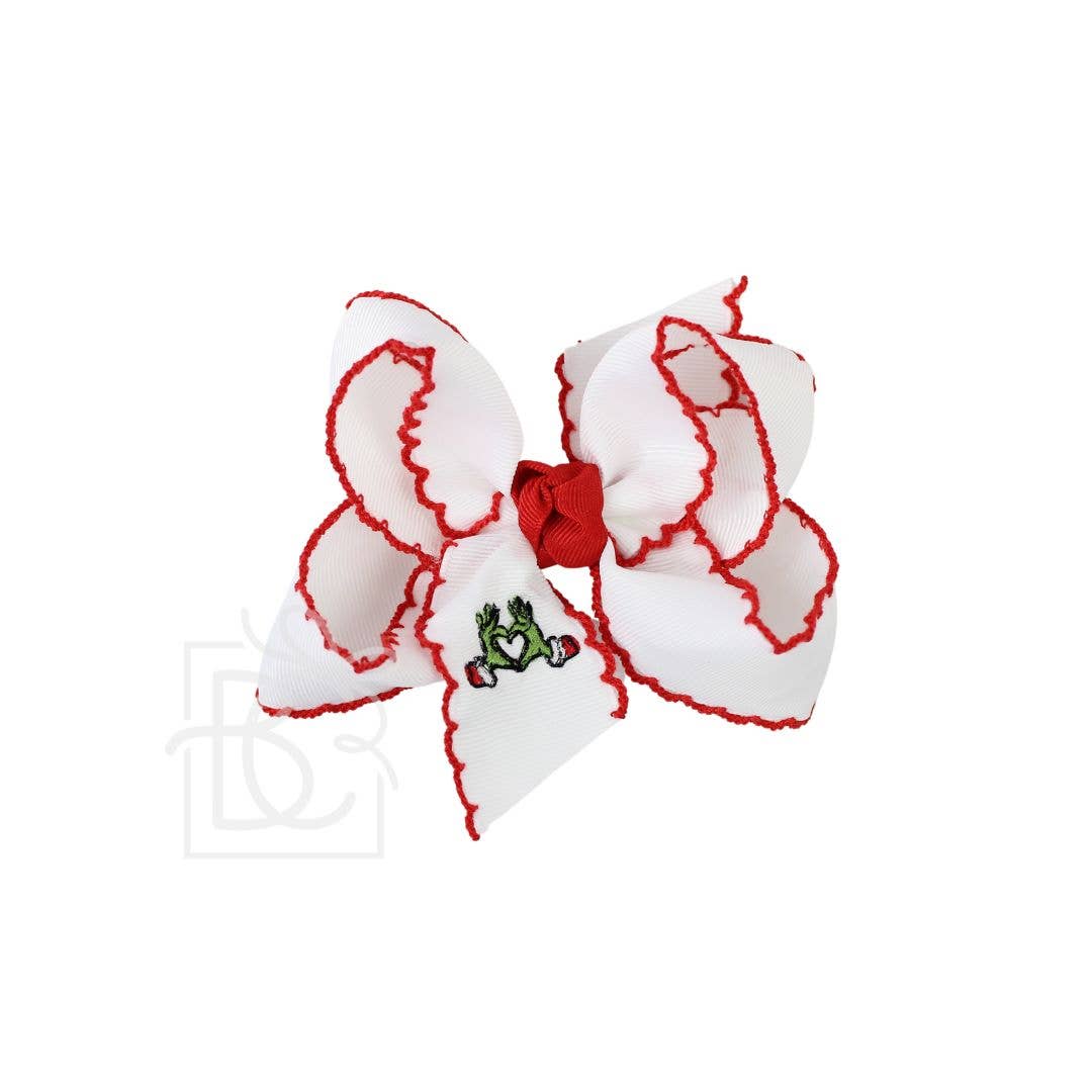 5.5" Embroidered Grinch Heart Crochet Edge Hair Bow