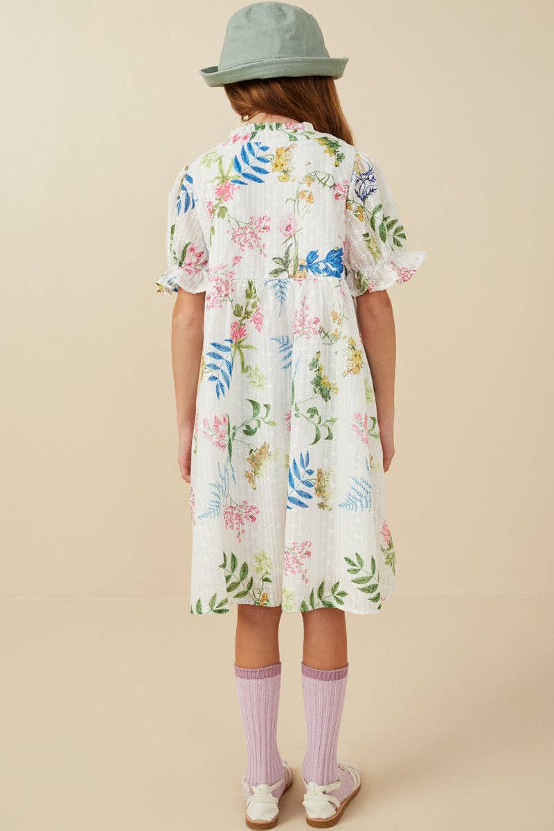 Girls Embroidered Textured Botanical Dress