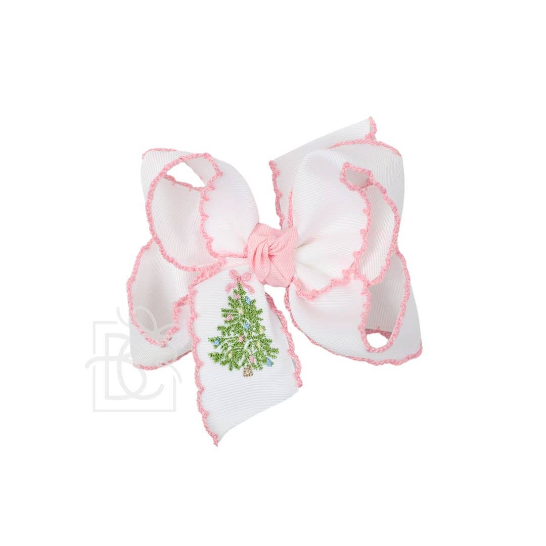 4.5" Embroidered Christmas Tree Crochet Edge Hair Bow: White w/ Light Pink Edge