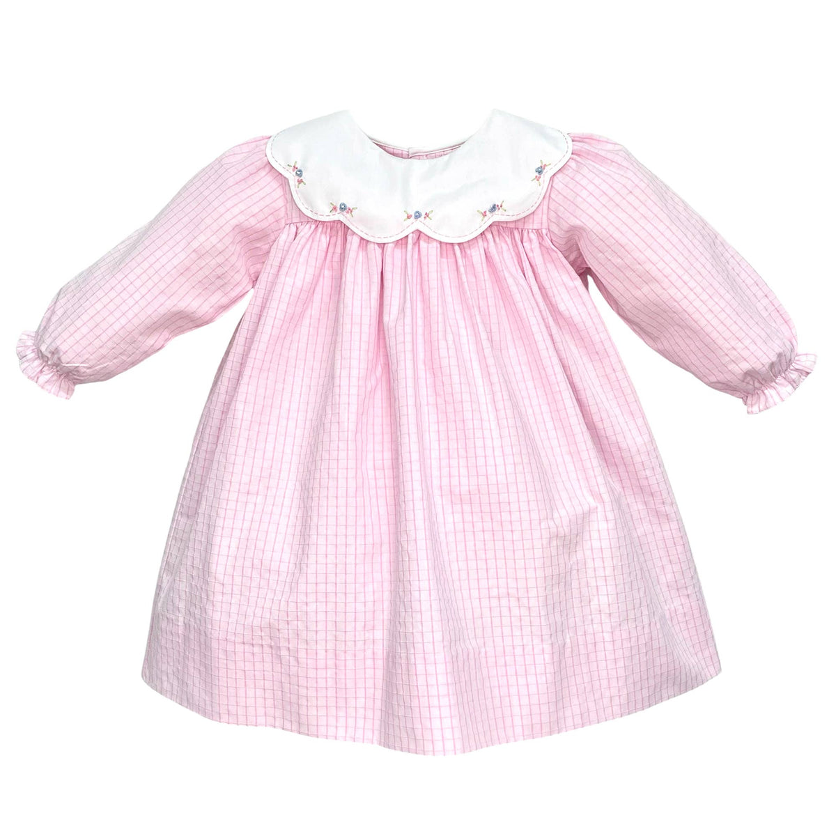 Embroidered Collar Pink Check Dress