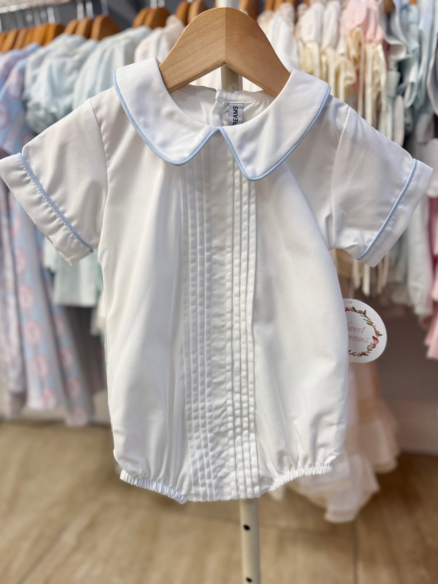 White Pleated Bubble with Blue Trim