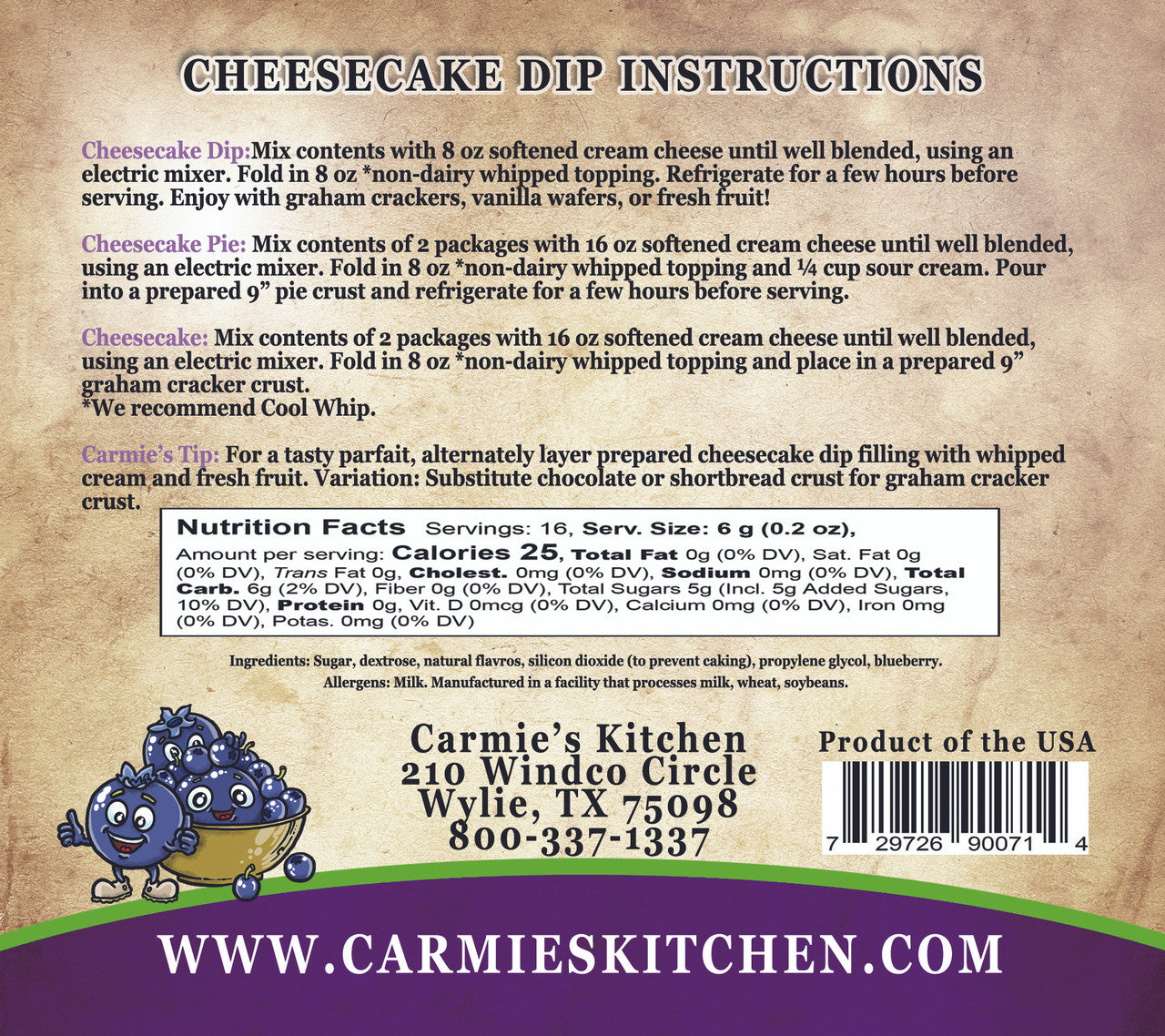 Carmies Wild Blueberry Cheesecake Dip Mix