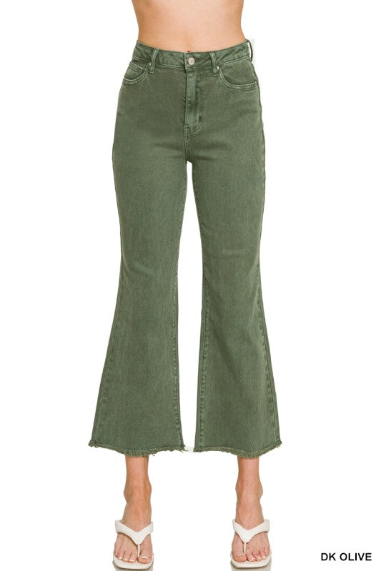 Dark Olive Acid Washed High Waist Frayed Hem Bootcut Pants