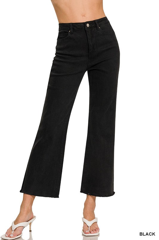 Black Acid Washed High Waist Frayed Hem Bootcut Pants
