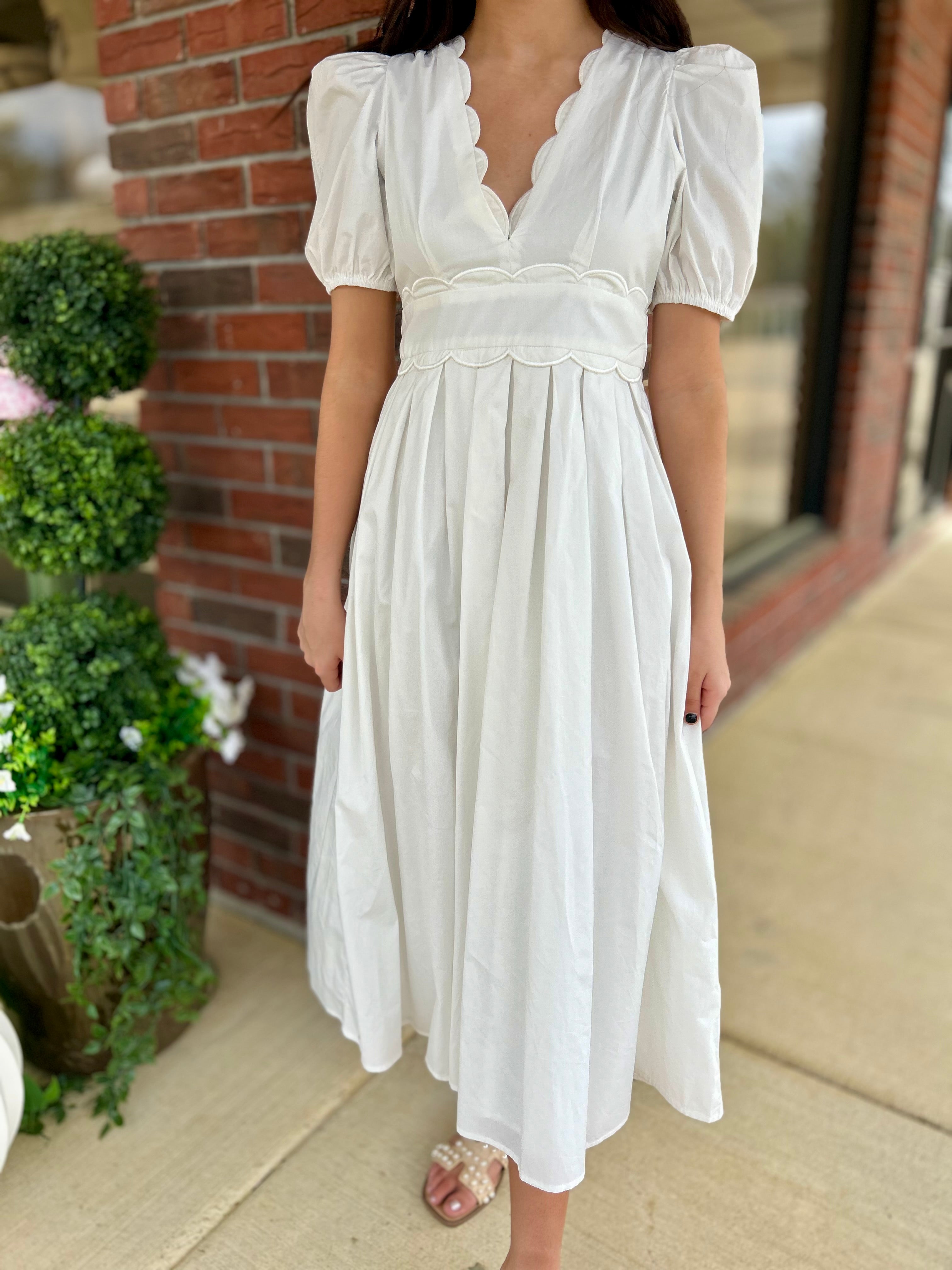 Bubblegum Scalloped Midi Dress - White L Bubblegum Scalloped Midi Dress - White L