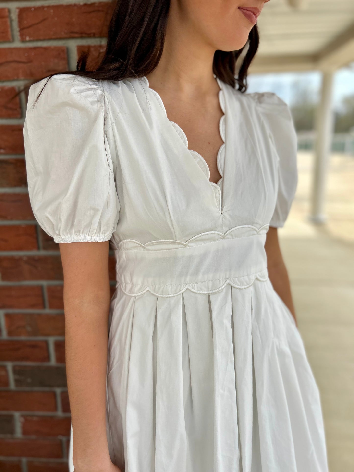 White Scalloped Neckline Midi Dress