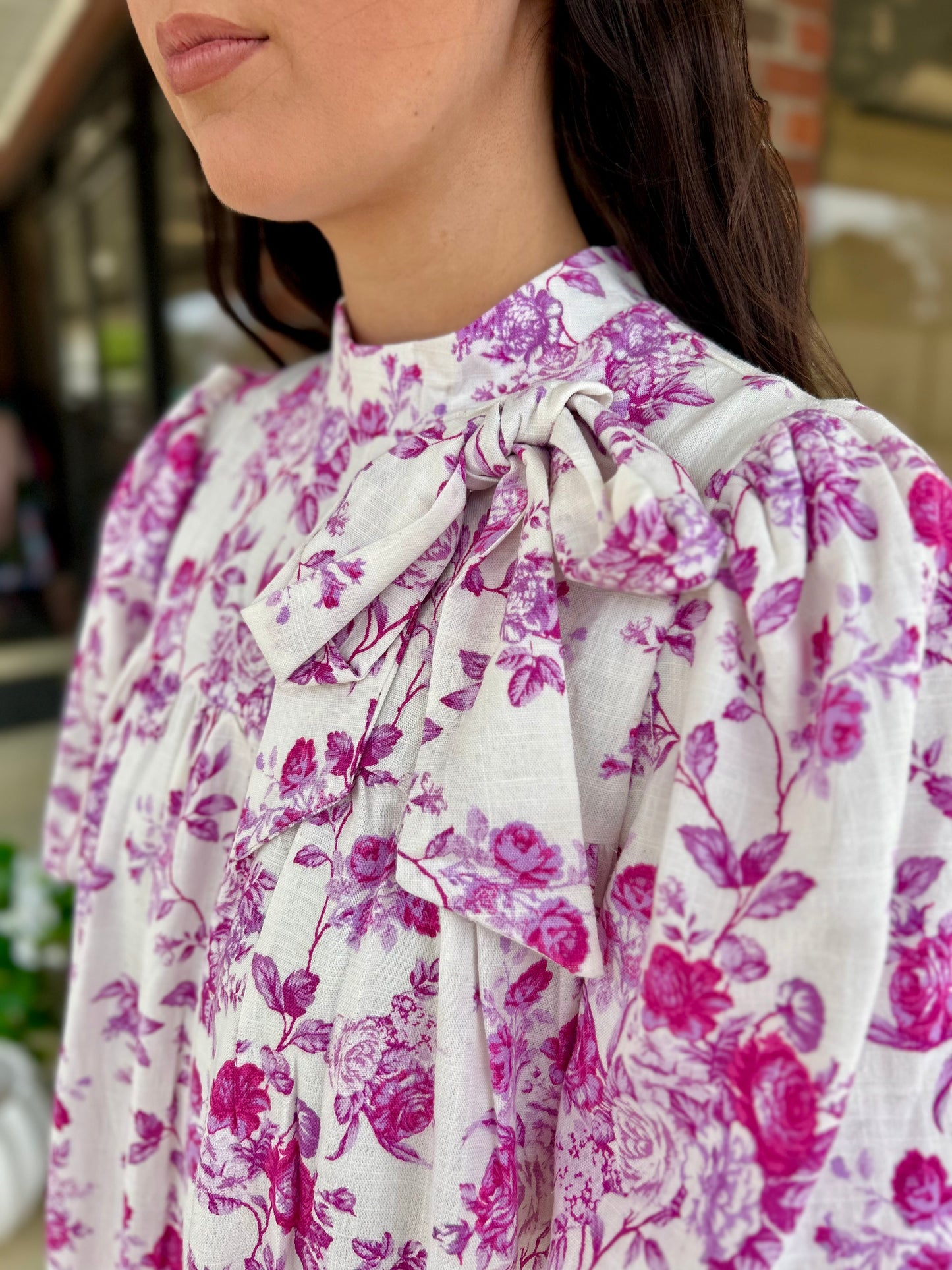 Floral Print Puffed Sleeves Accent Bow Dress