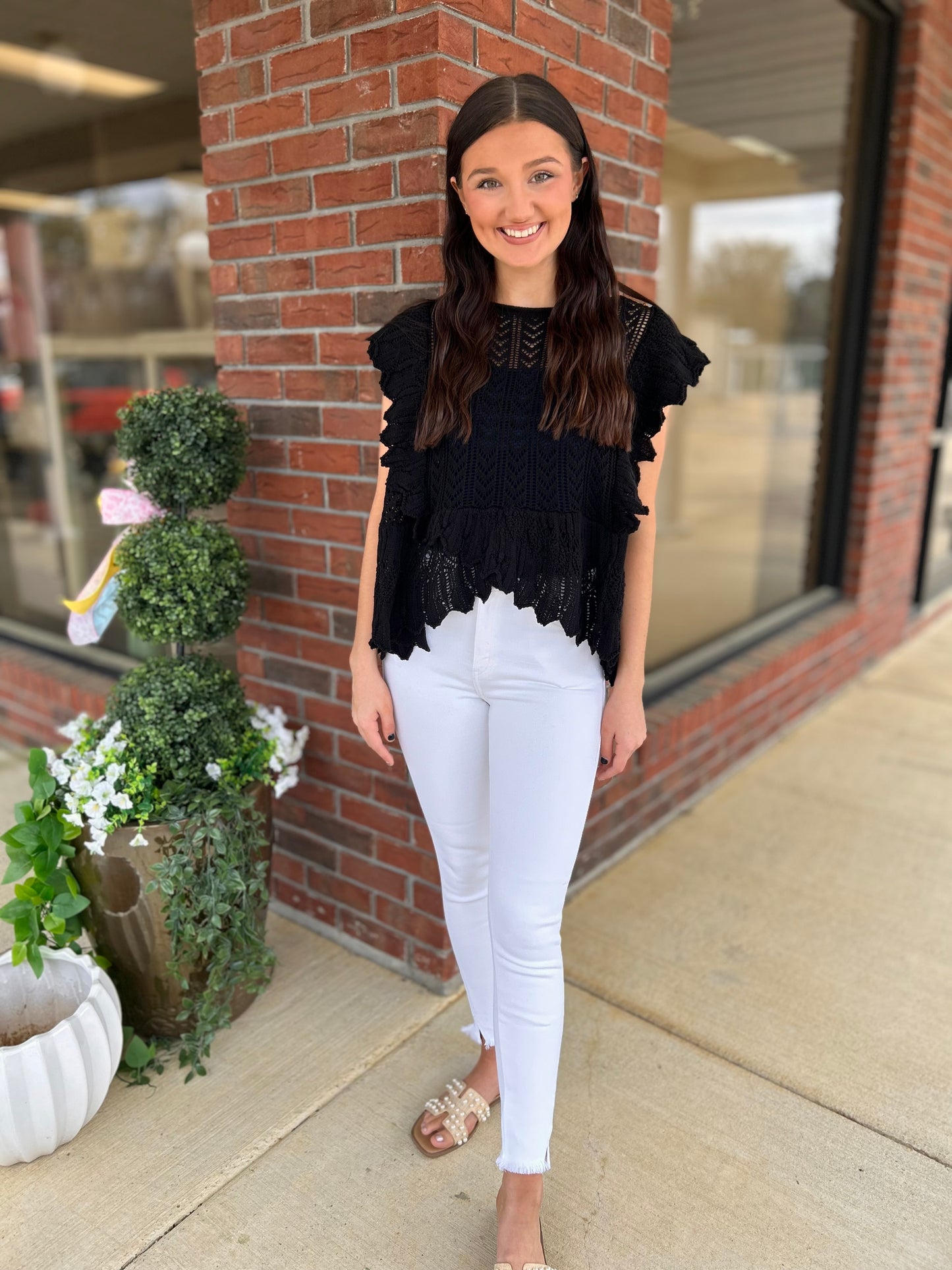 Flutter Sleeve Pointelle Sweater