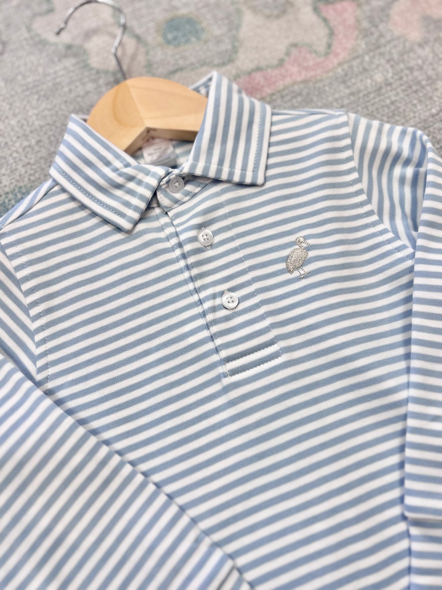 Barrington Blue Stripe/Keeneland Khaki Prim and Proper Long Sleeve Polo