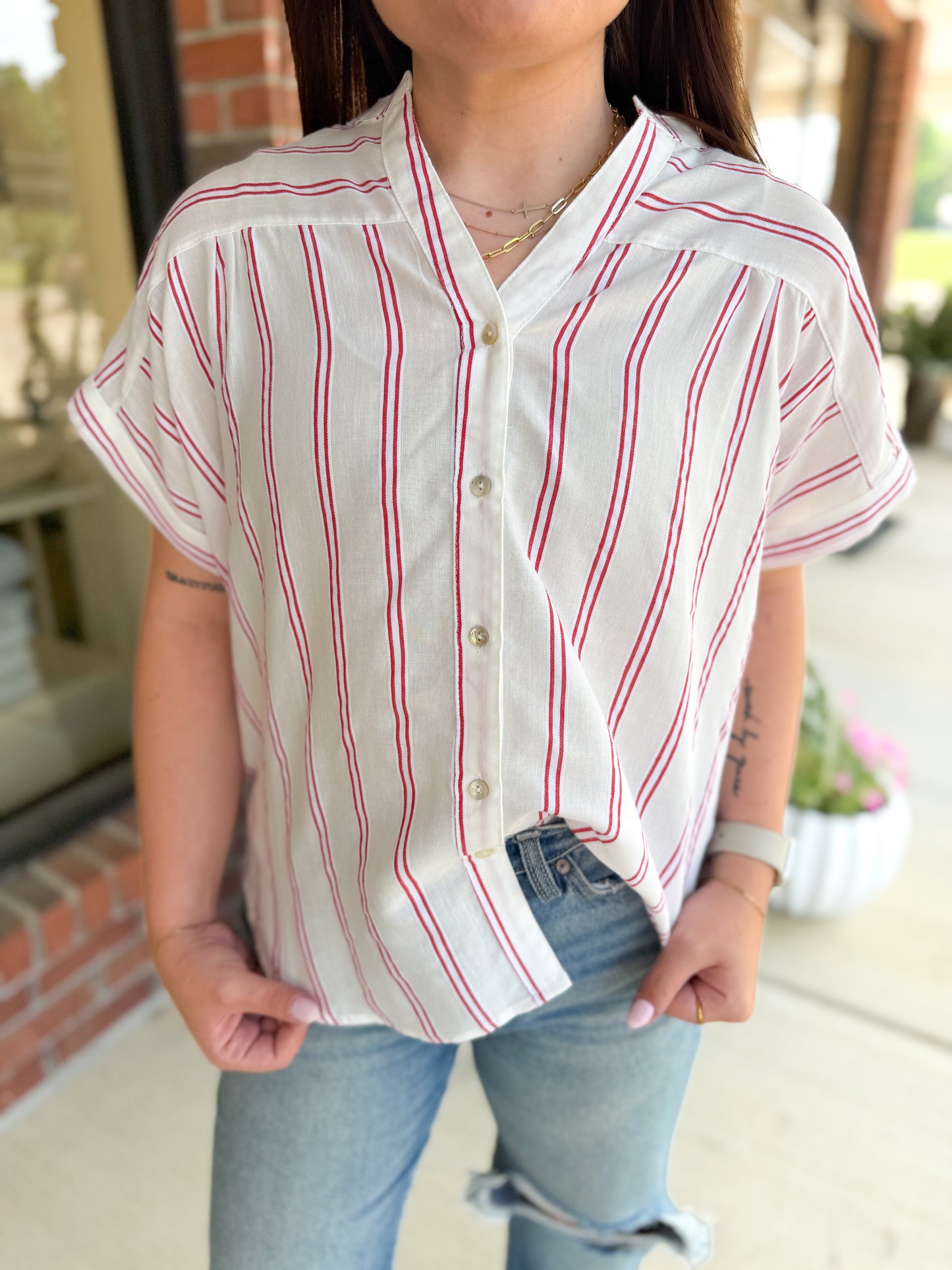 Are You Ready Red Pin Stripe Top