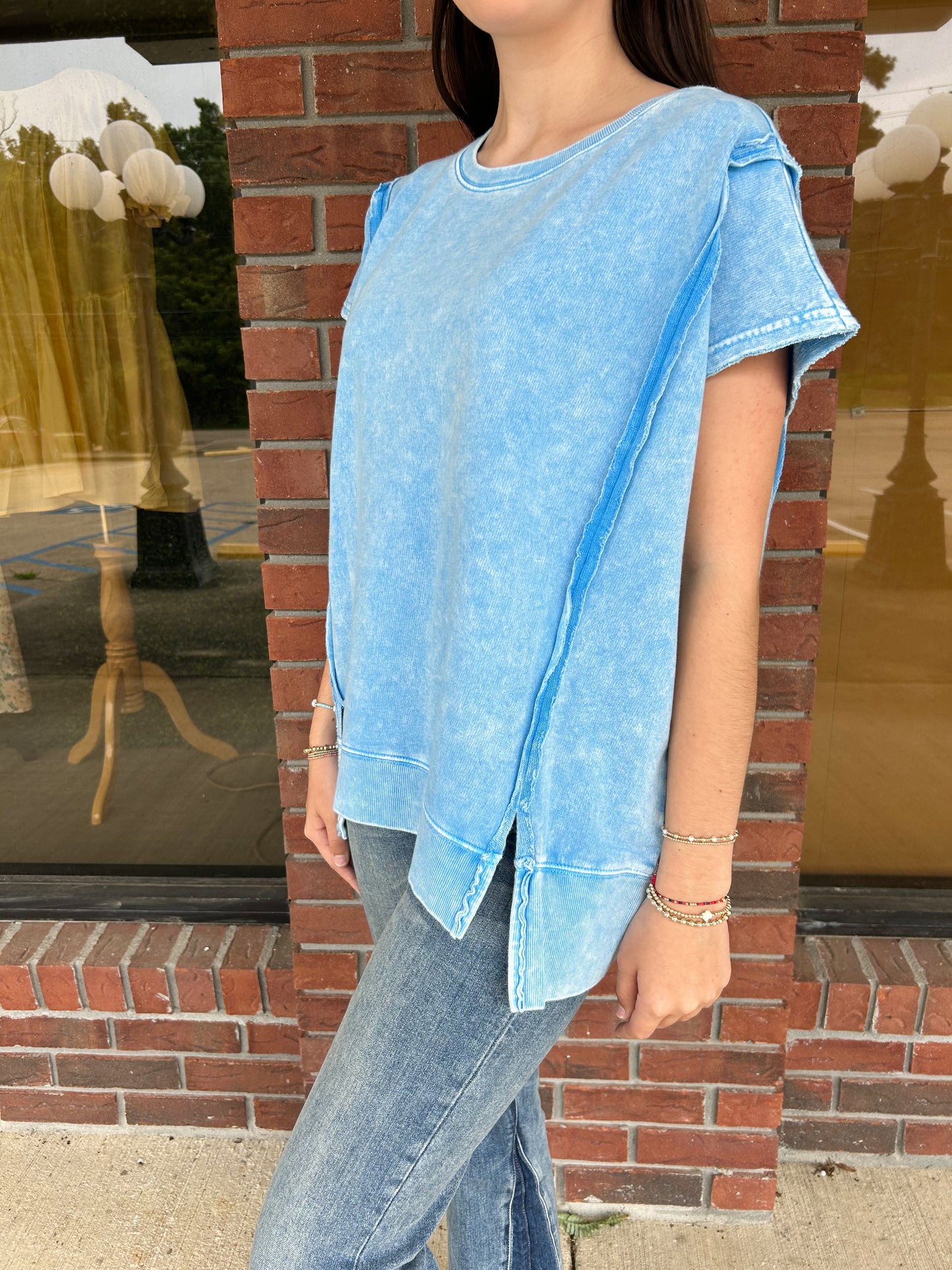 Ocean Blue Snow Washed Oversized Hi-low Top