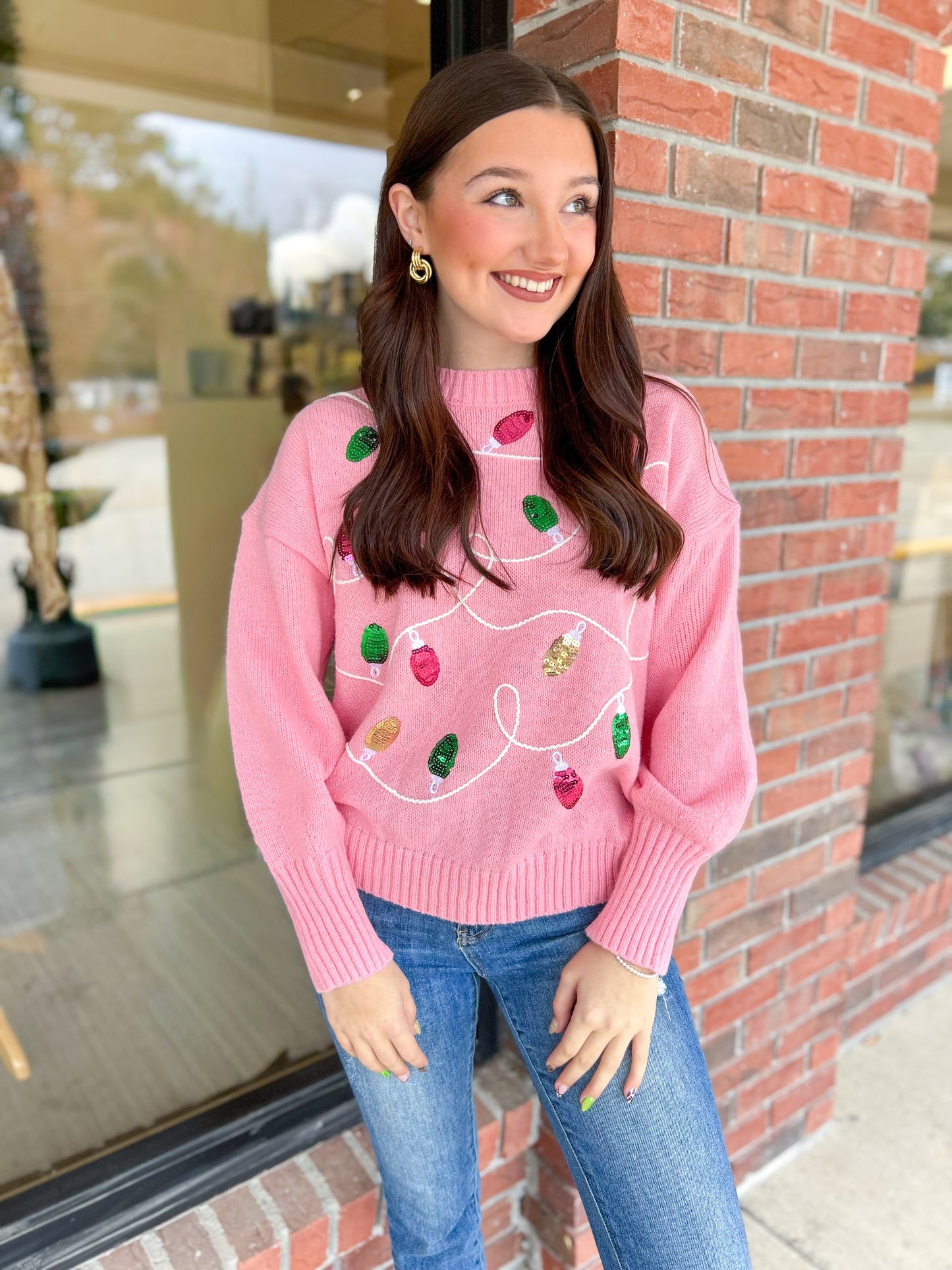 Christmas Lights Pink Sequin Sweater