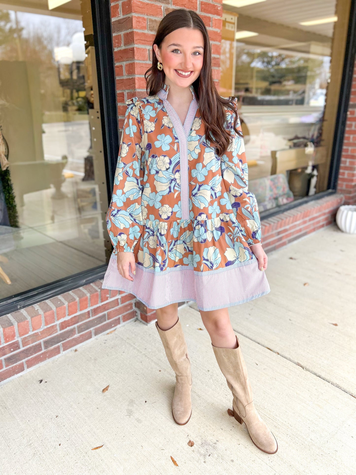 Cozy Caramel Floral Dress