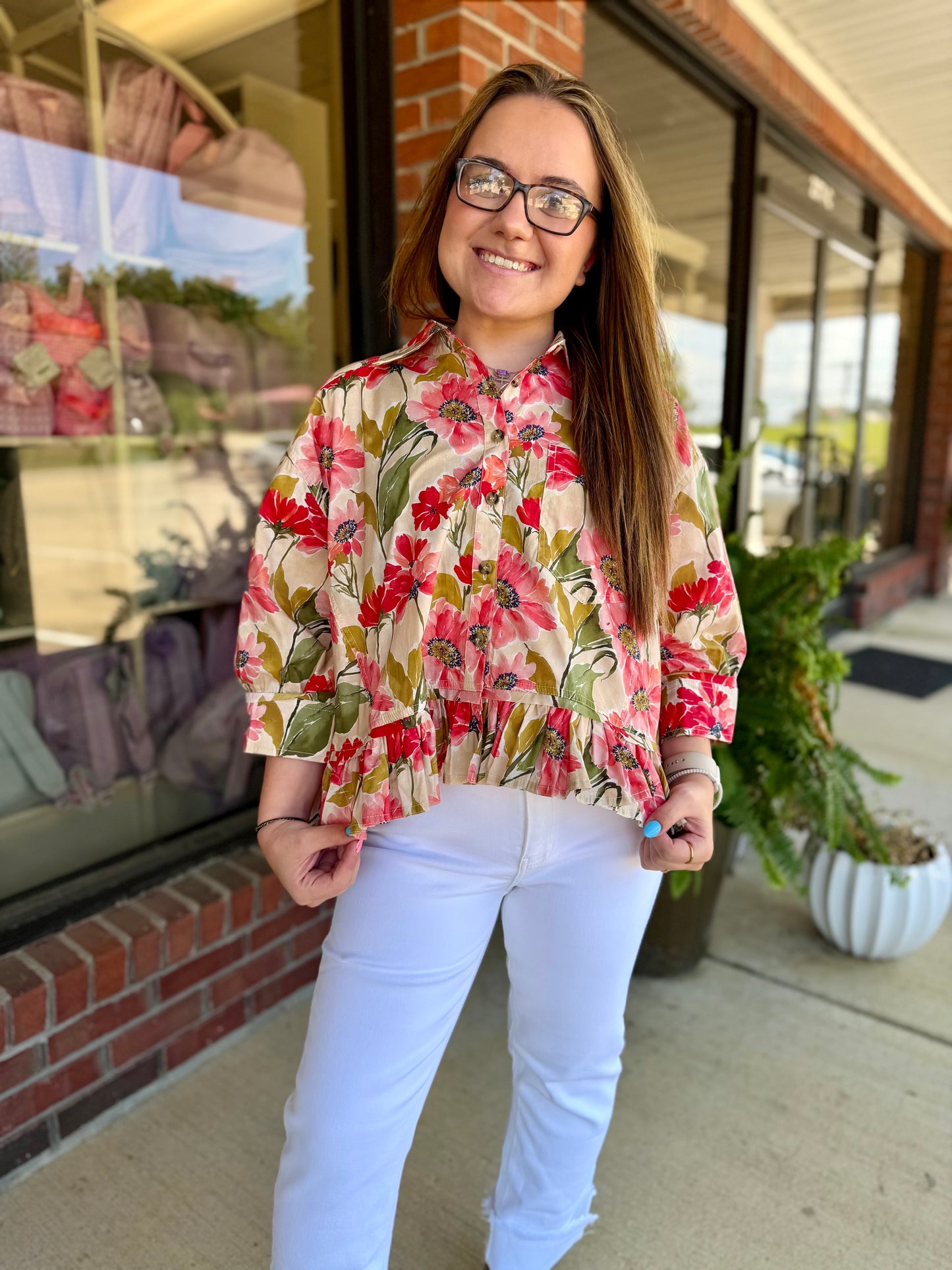 Drew Floral Print Quarter Sleeve Top