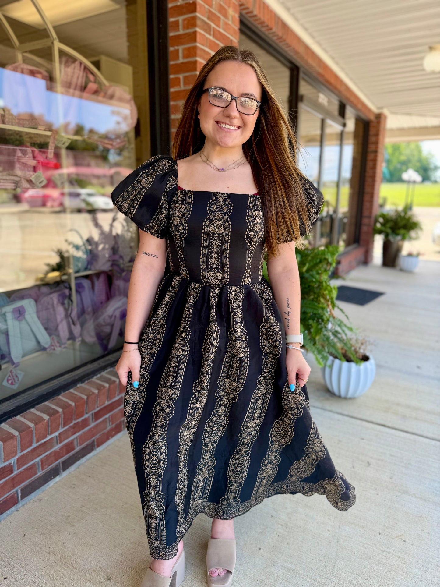 Kate Black and Taupe Woven Midi Dress