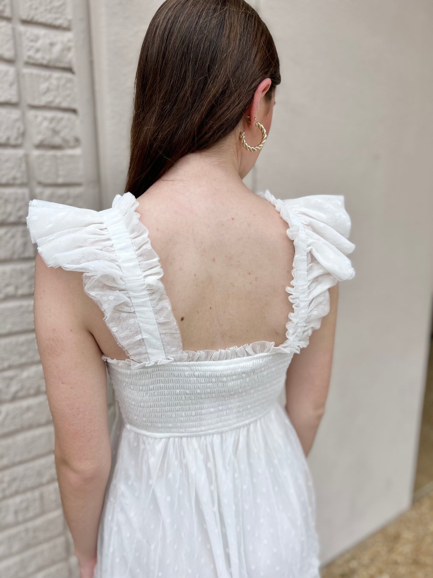 White Polka Dot Chiffon Smocked Ruffle Detail Mini Dress