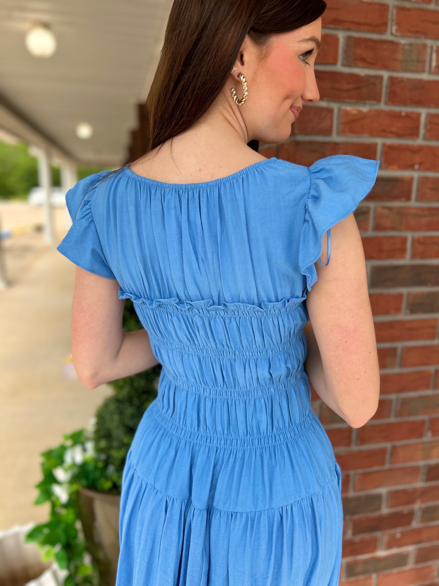 Blue Shirred Bodice Ruffle Sleeve Midi Dress