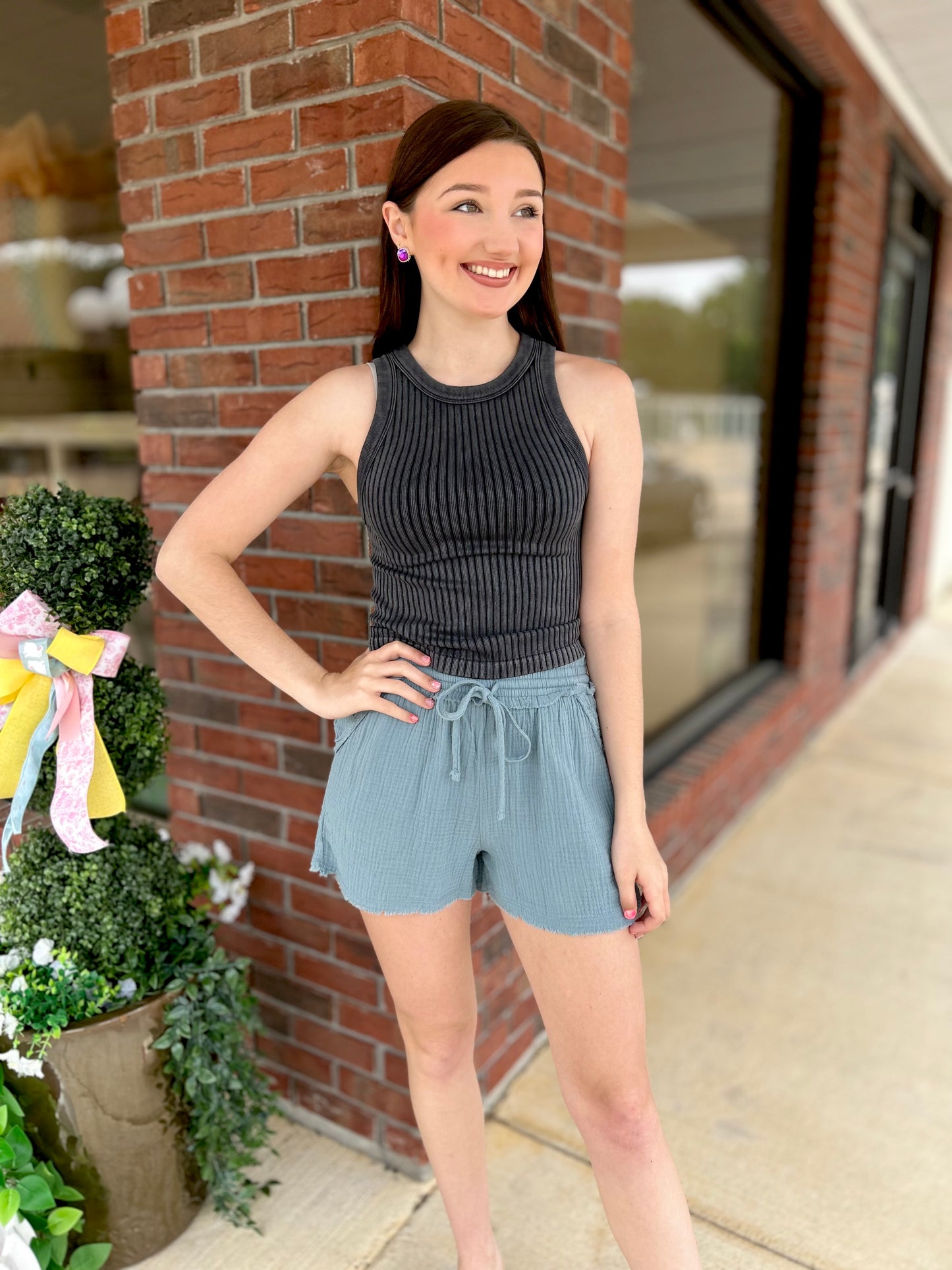 Blue Grey Double Gauze Drawstring Shorts