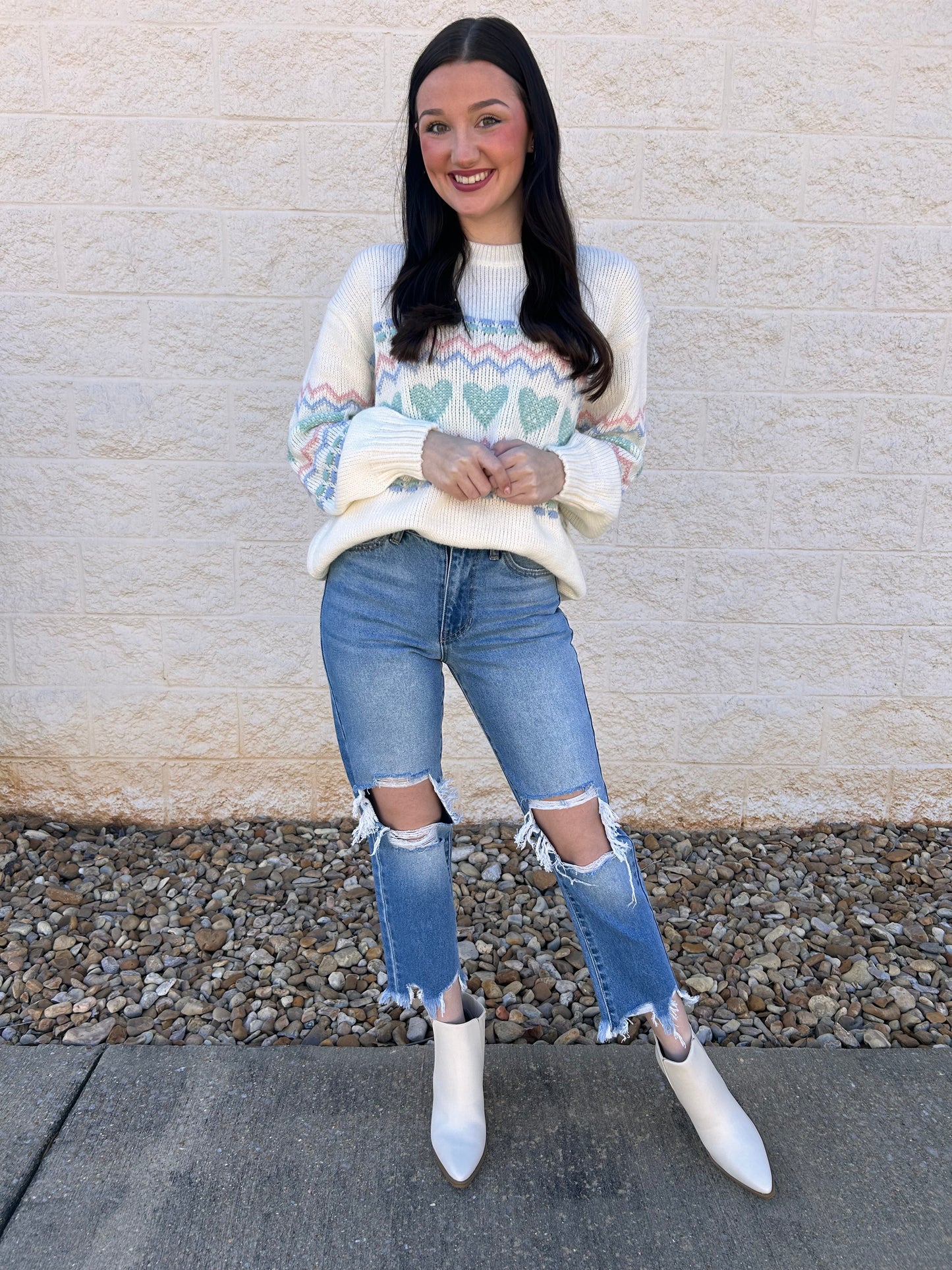 Heart & Geo Printed Balloon Sleeve Sweater