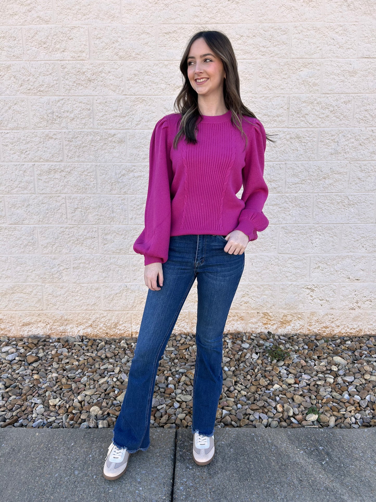 Anya Magenta Ribbed Puff Sleeve Sweater
