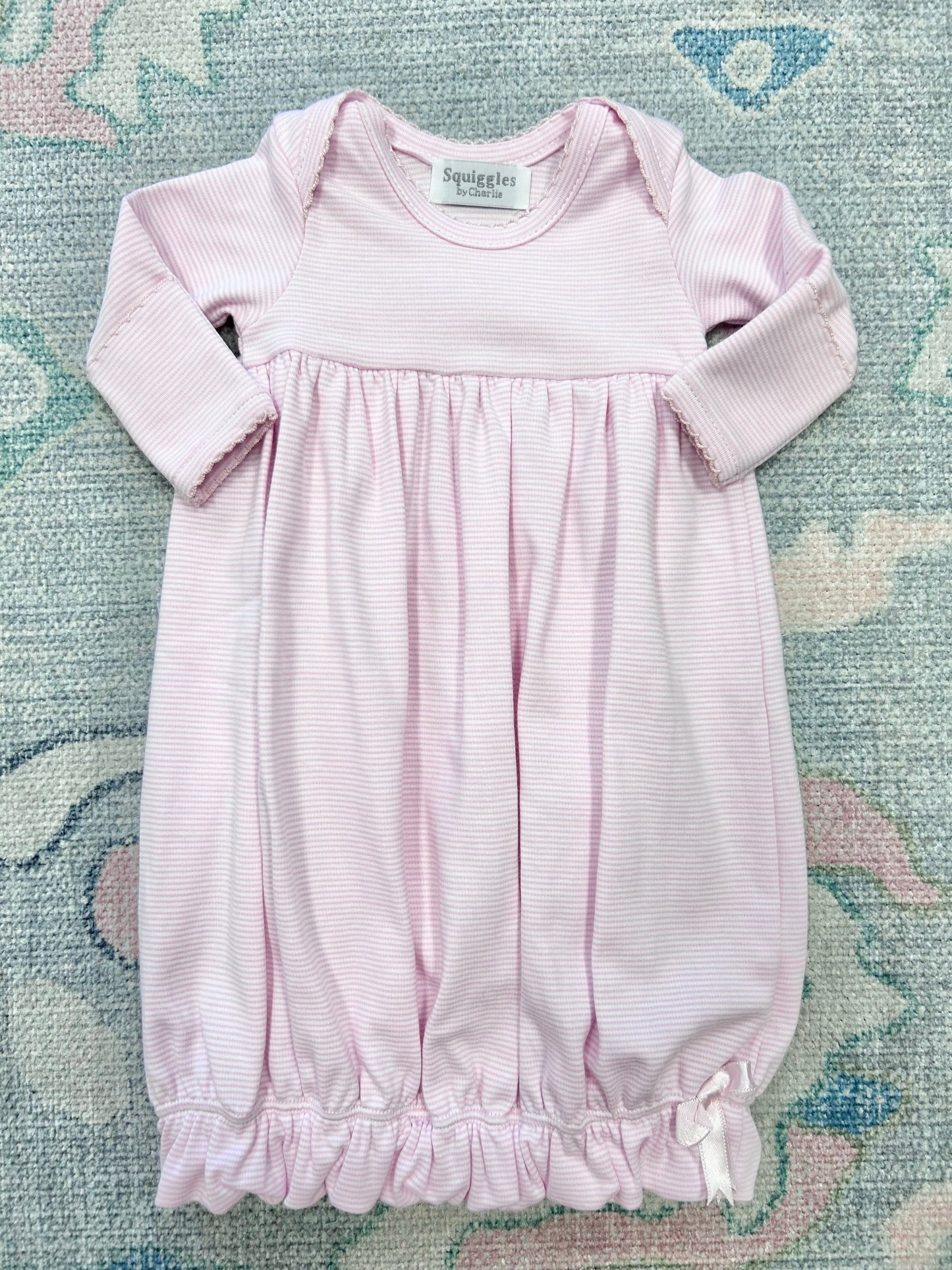 Pink Mini Stripe Lap Shoulder Gown with Pink Trim