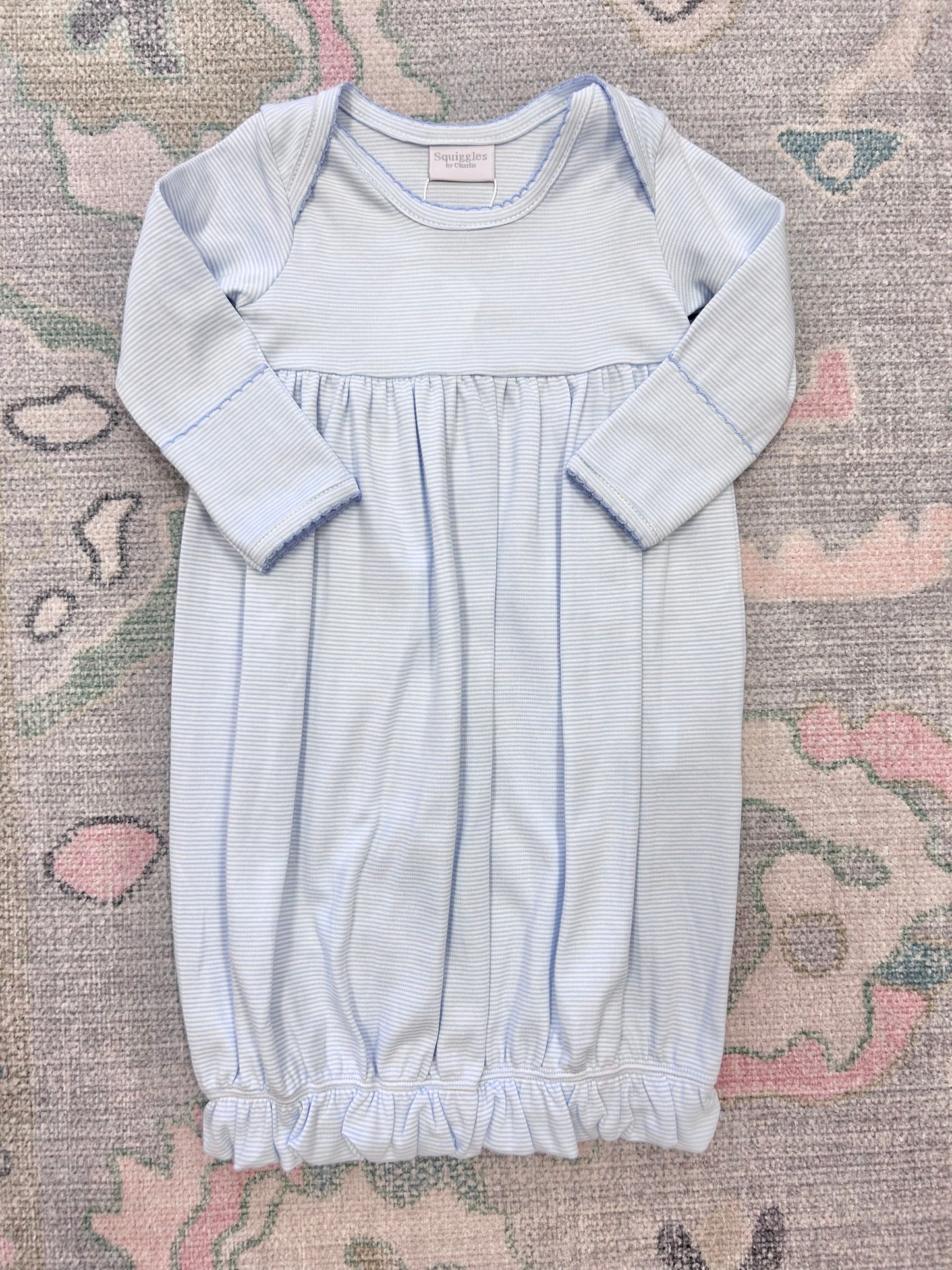 Blue Mini Stripe Lap Shoulder Gown with Blue Trim