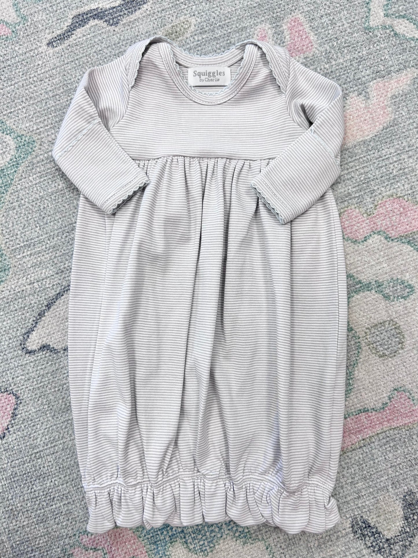 Gray Mini Stripe Lap Shoulder Gown with Blue Trim