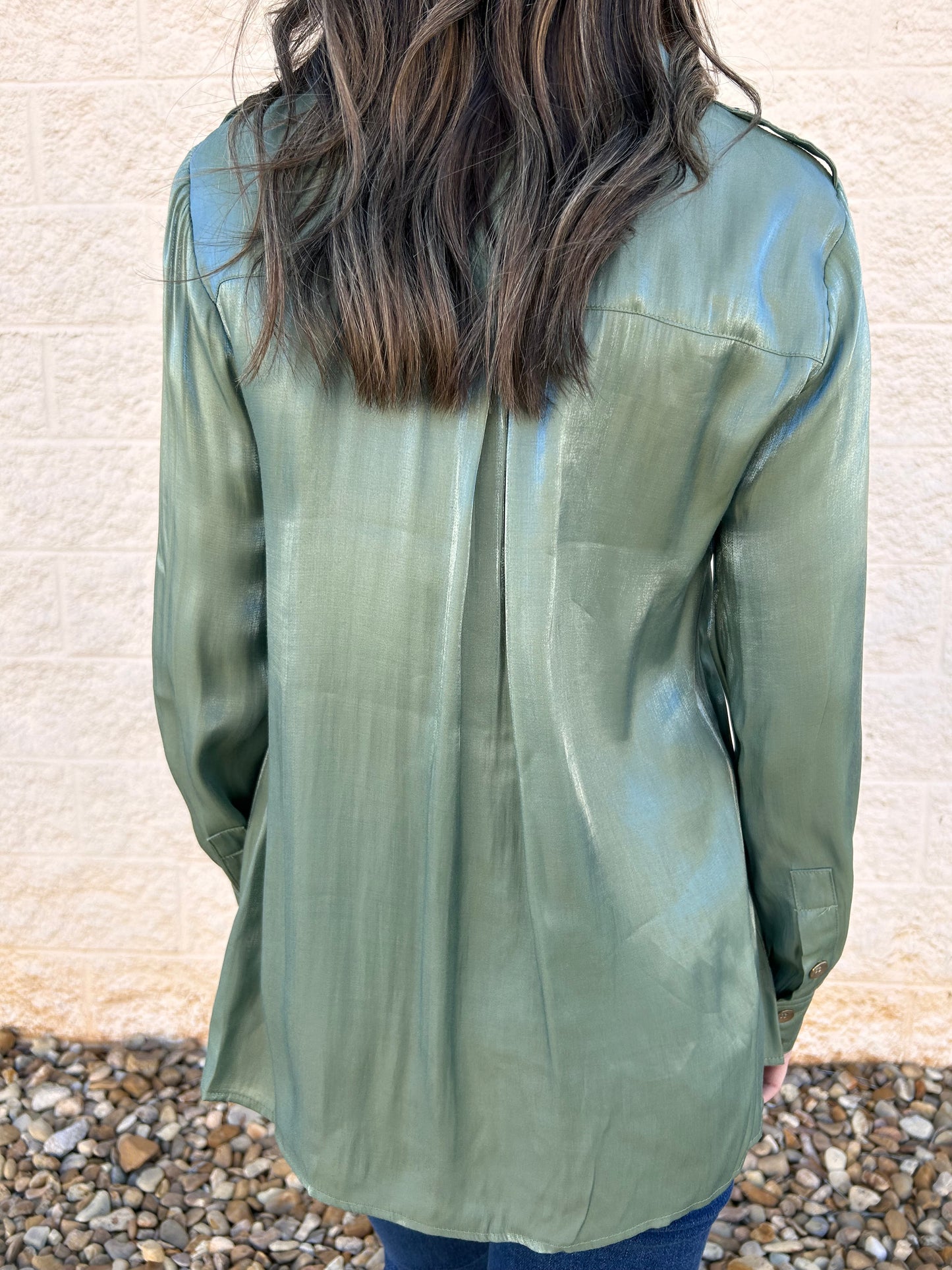 Keep Your Secret Sage Shimmer Button Up Top