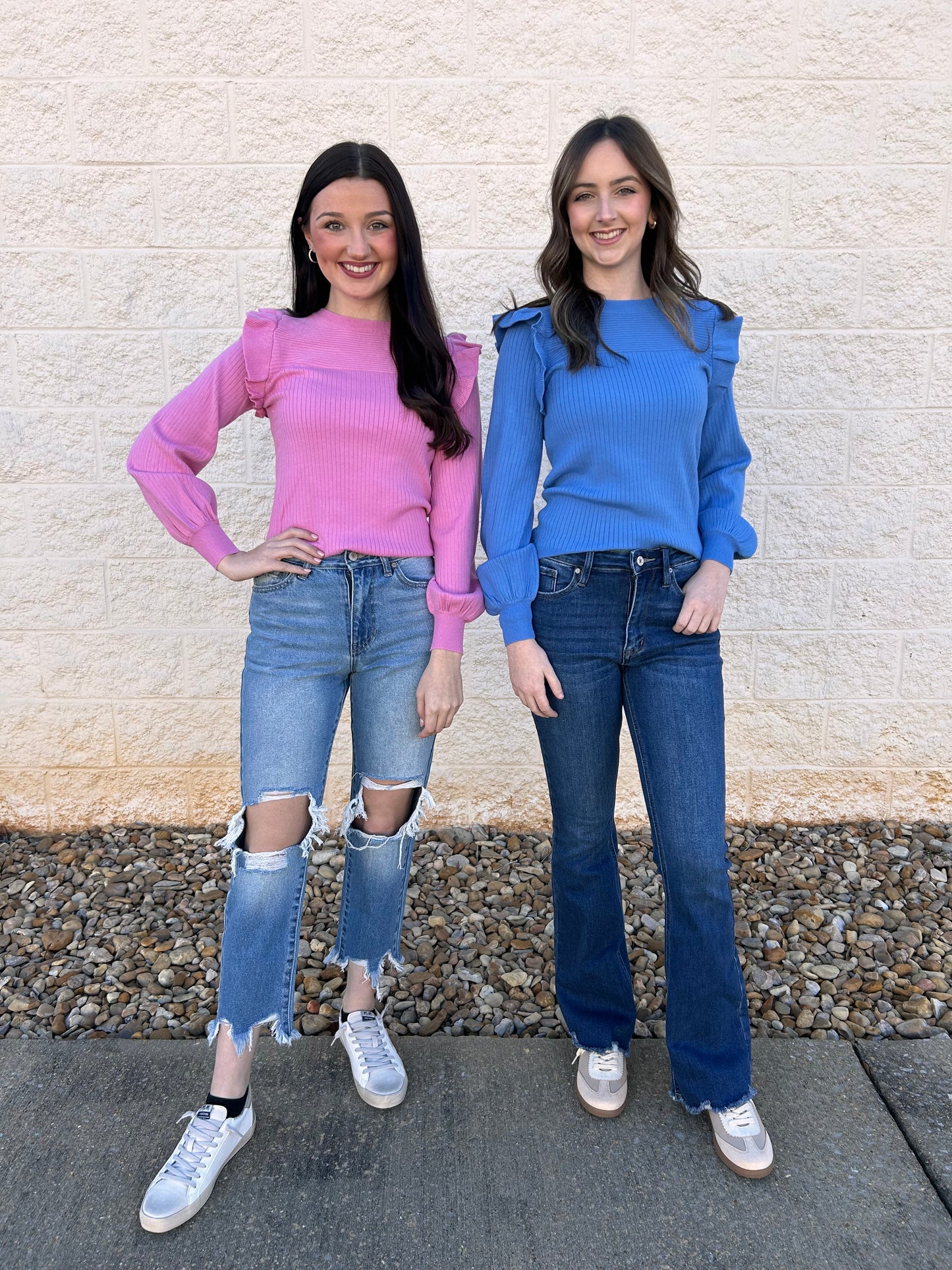 Cobalt Blue Shoulder Ruffle Crewneck Sweater