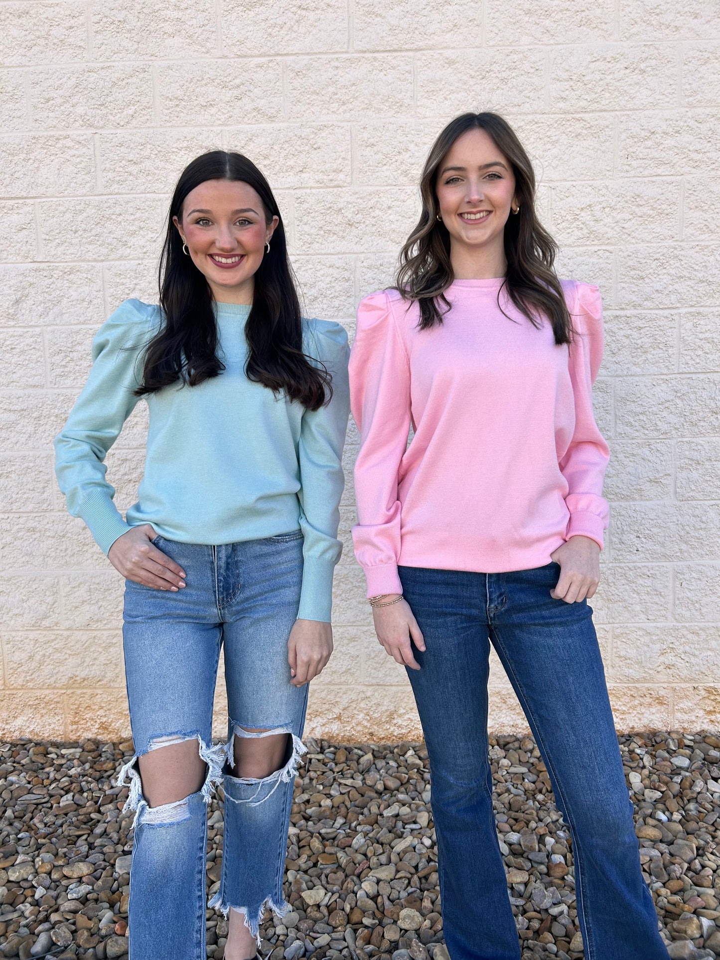 Mint Crew Neck Puff Sleeve Sweater