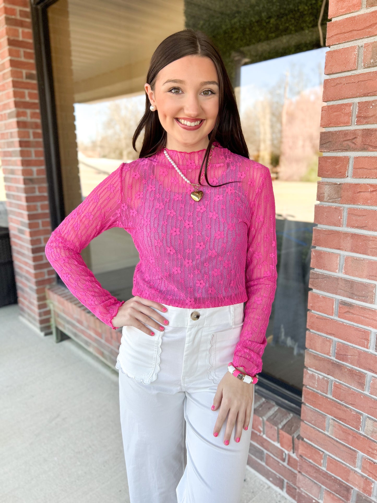 Hot Pink Sheer Floral Lace Long Sleeve Layering Top