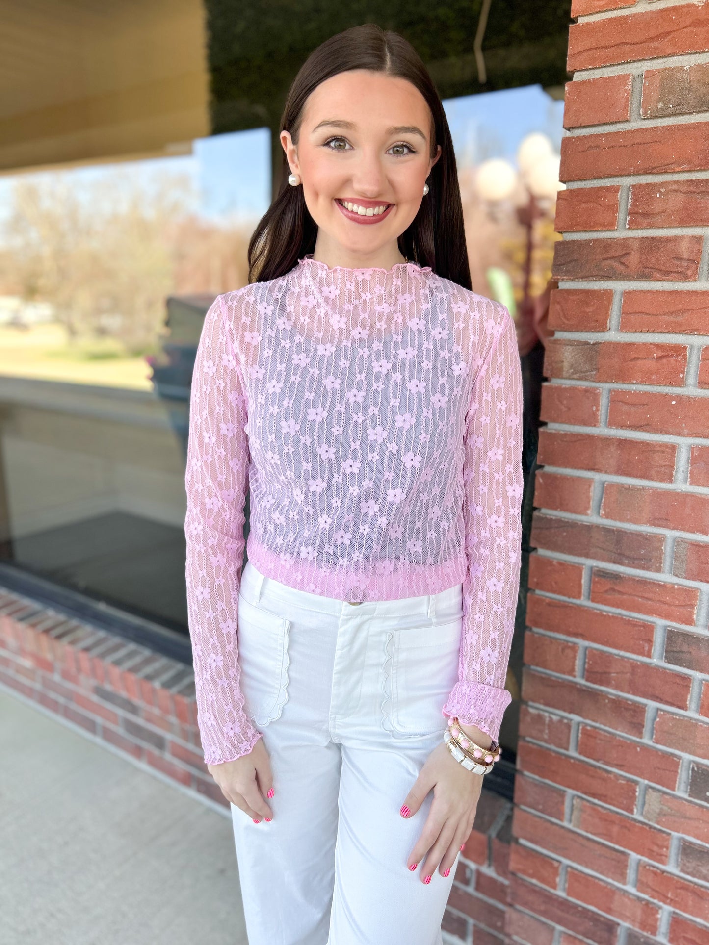 Light Pink Sheer Floral Lace Long Sleeve Layering Top