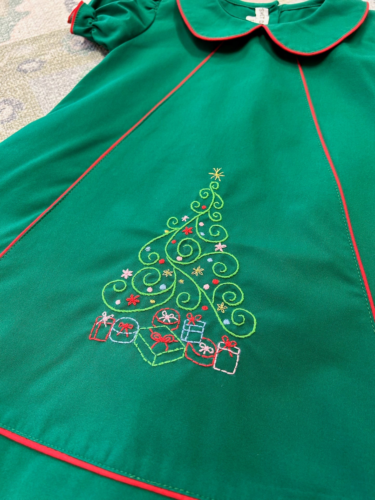 Christmas Tree Embroidered Hunter Green Dress