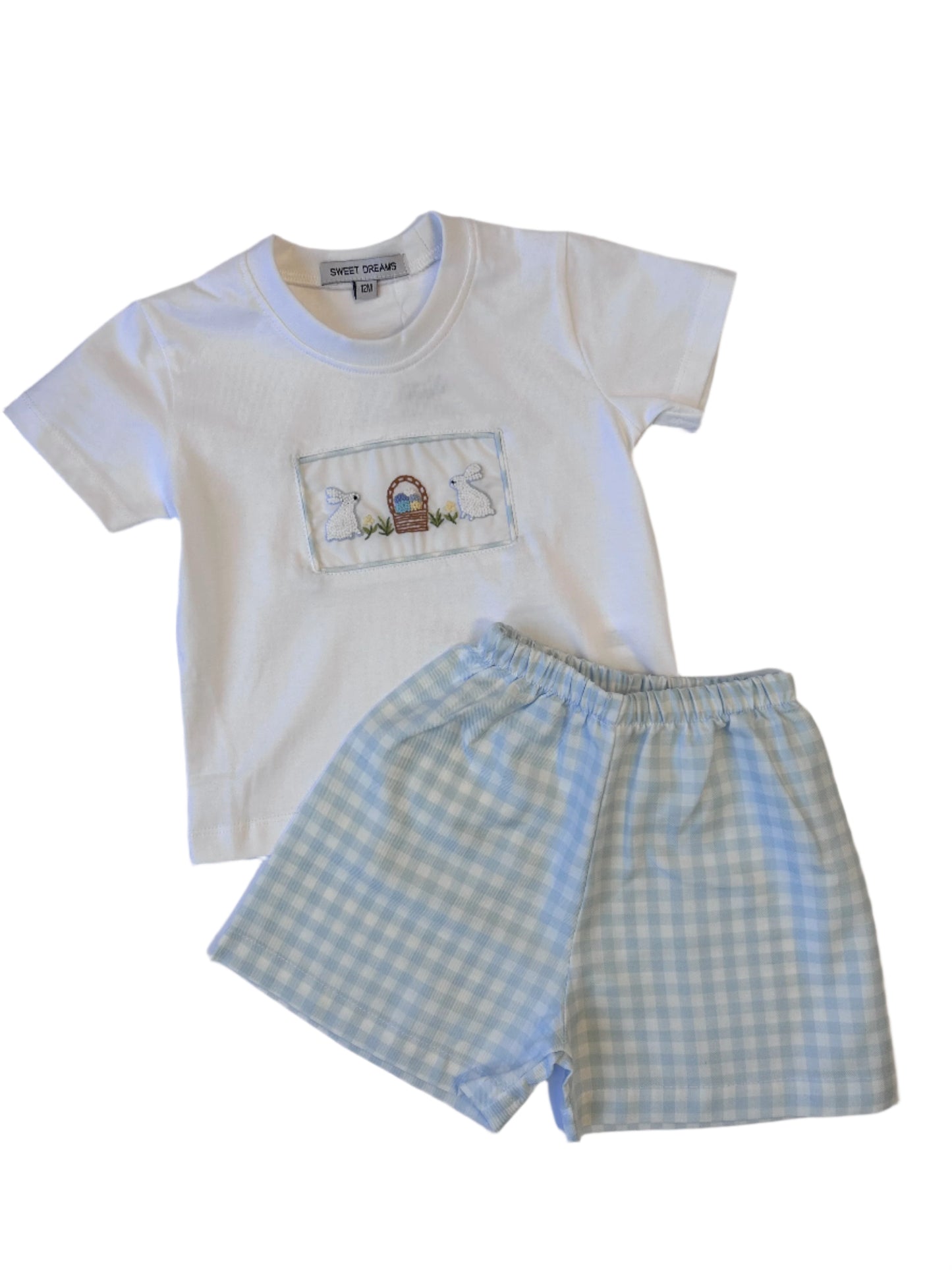 Happy Easter Embroidered White/Blue Gingham Shorts Set