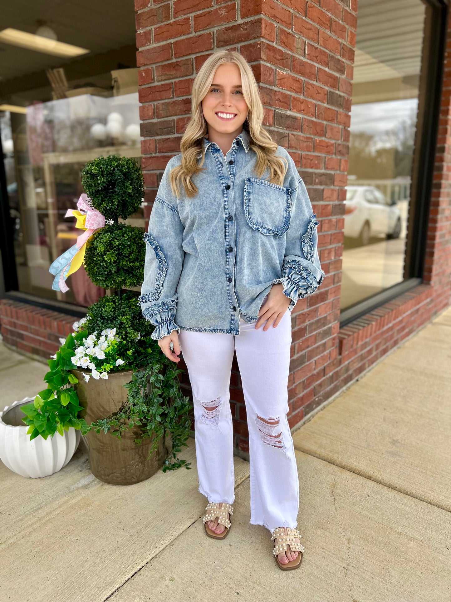 Demi Washed Denim Ruffled Detail Button Up Top