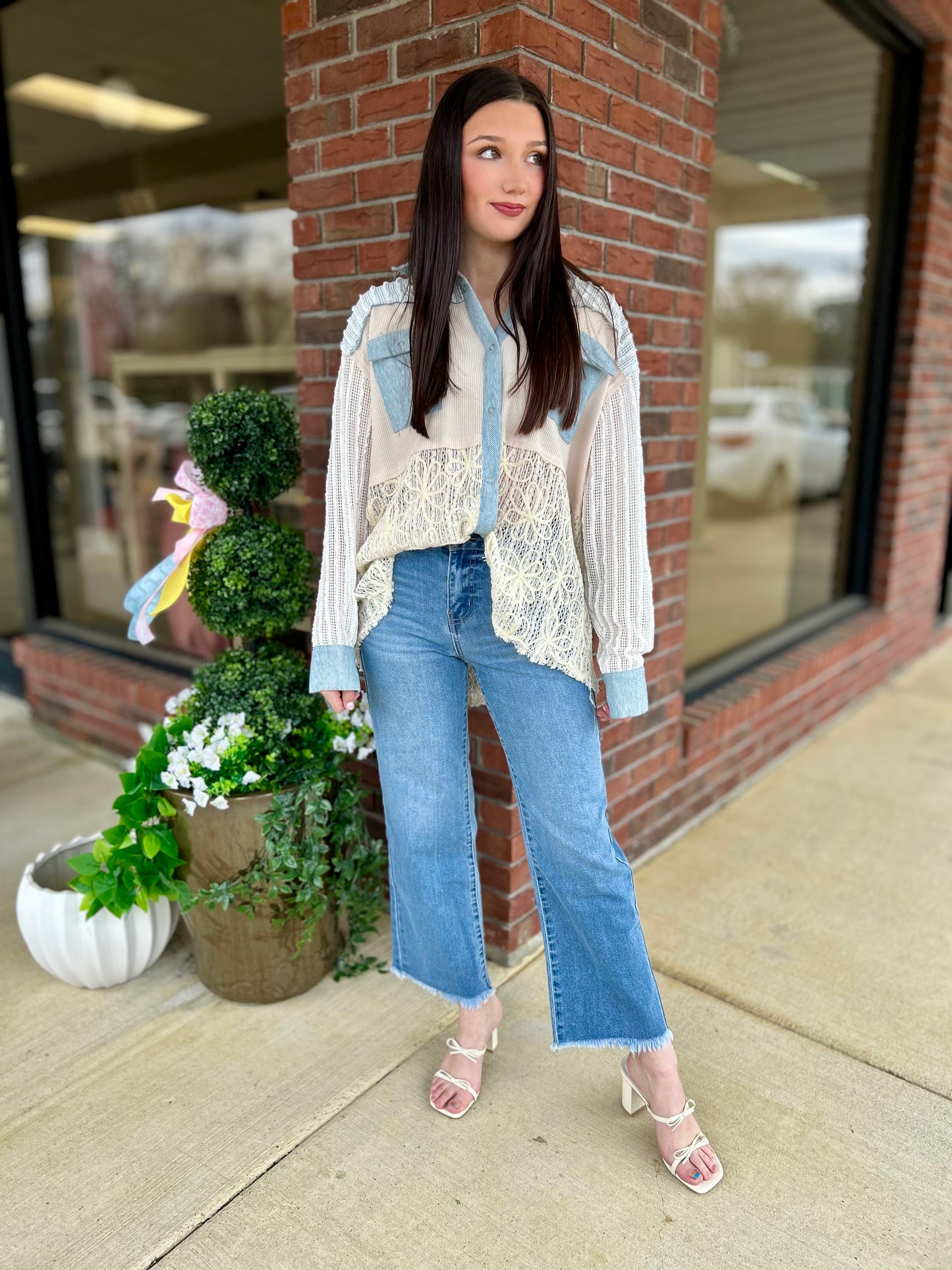 Color Block Textured Lace Button Down Jacket