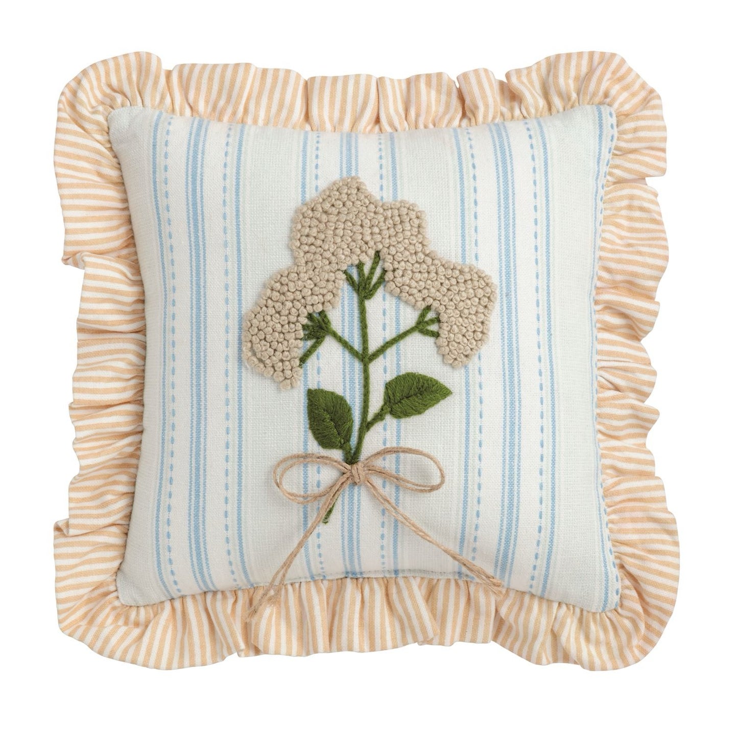 Multi-Stripe Ruffle Floral Embroidered Pillow