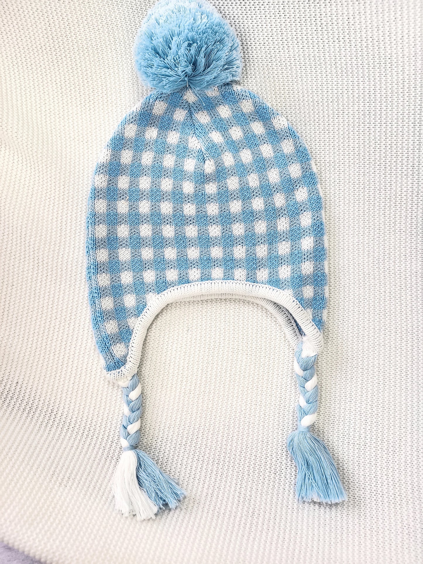 Blue Gingham Ear Flap Knit Hat