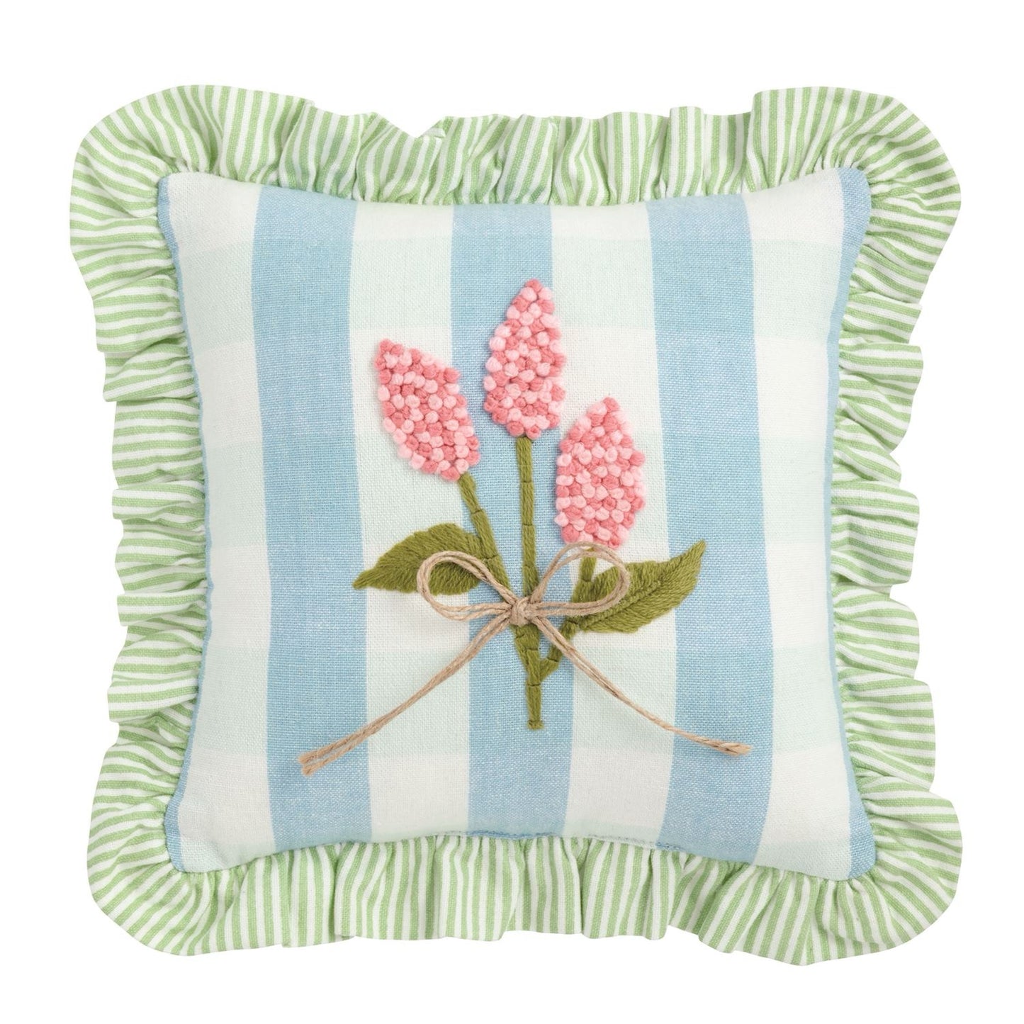 Blue Check Ruffle Floral Embroidered Pillow