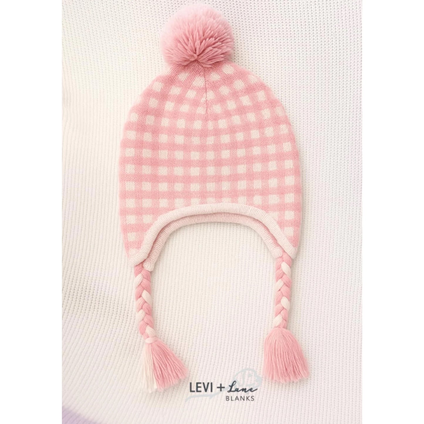 Pink Gingham Ear Flap Knit Hat
