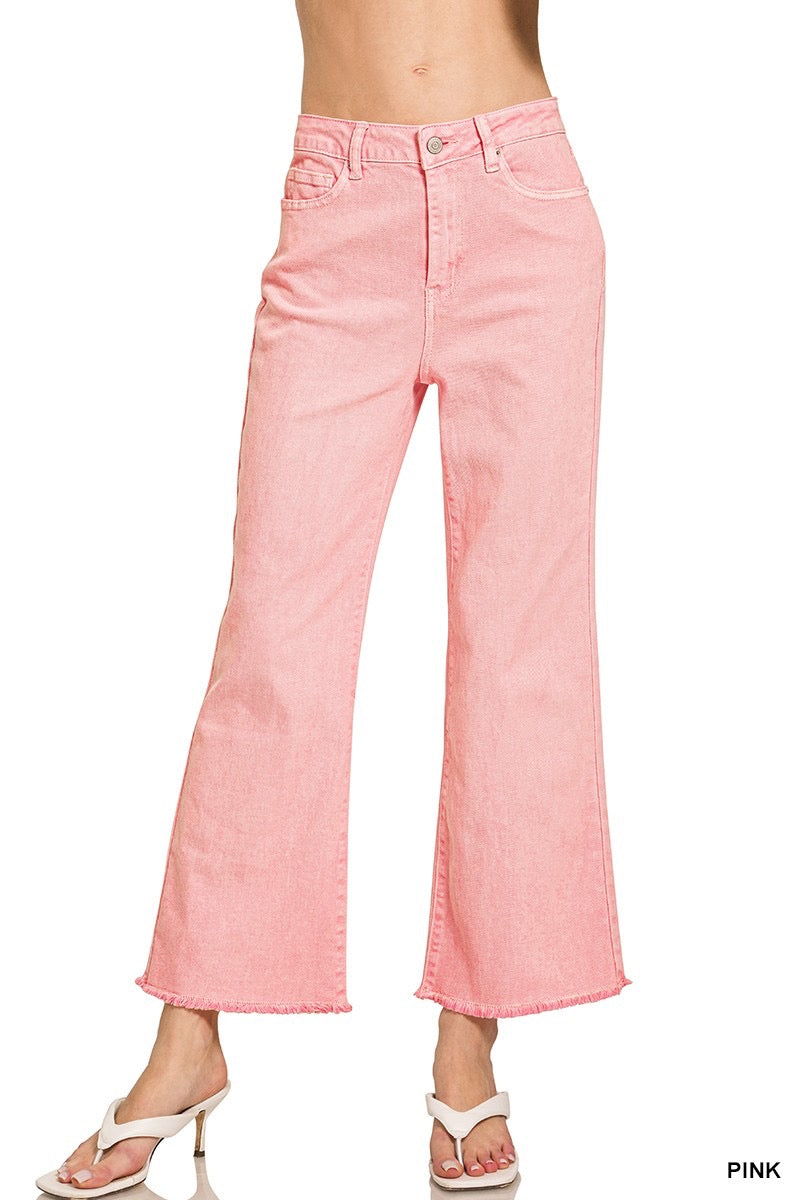 Pink Acid Washed High Waist Frayed Hem Bootcut Pants