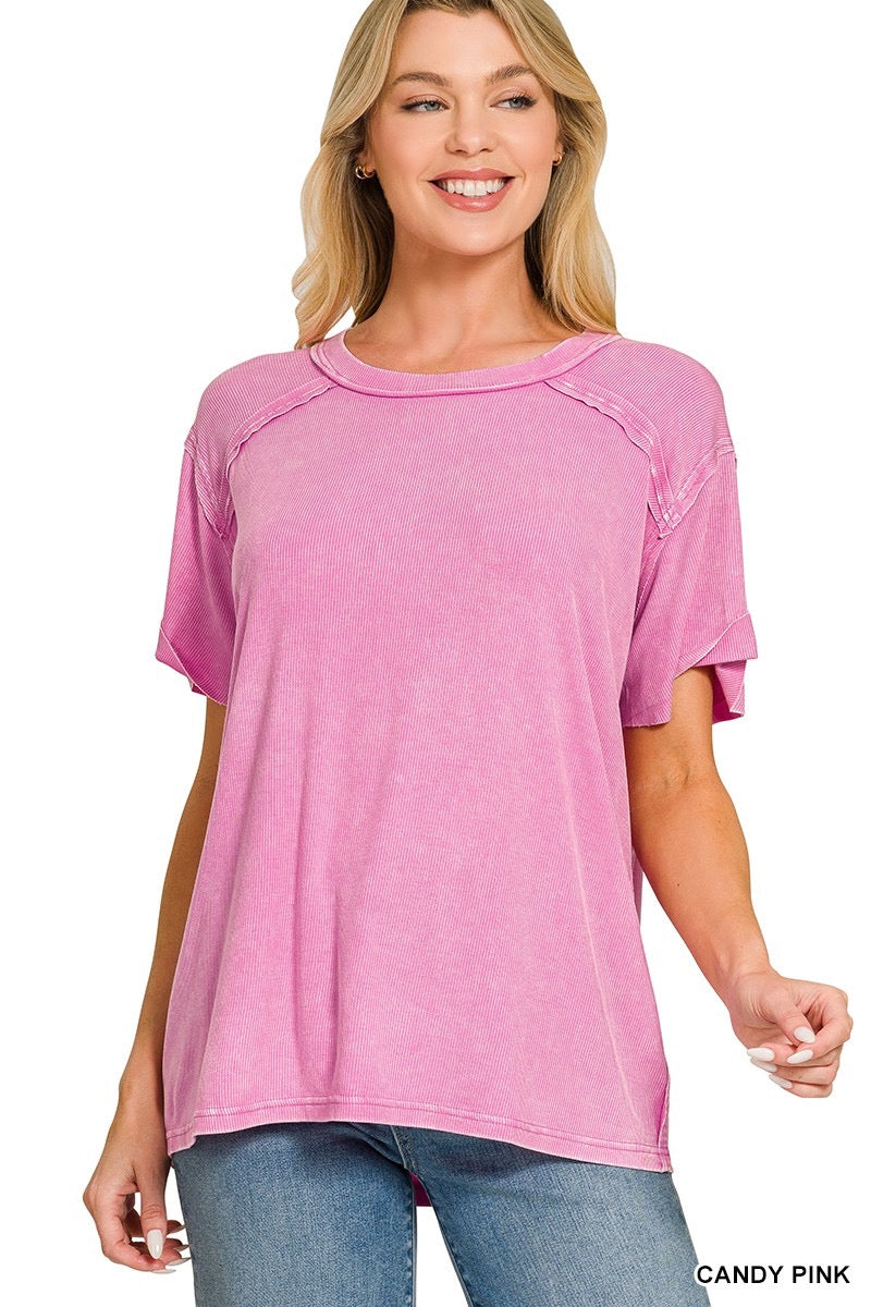 Candy Pink Washed Ribbed Short Sleeve Boat-neck Top
